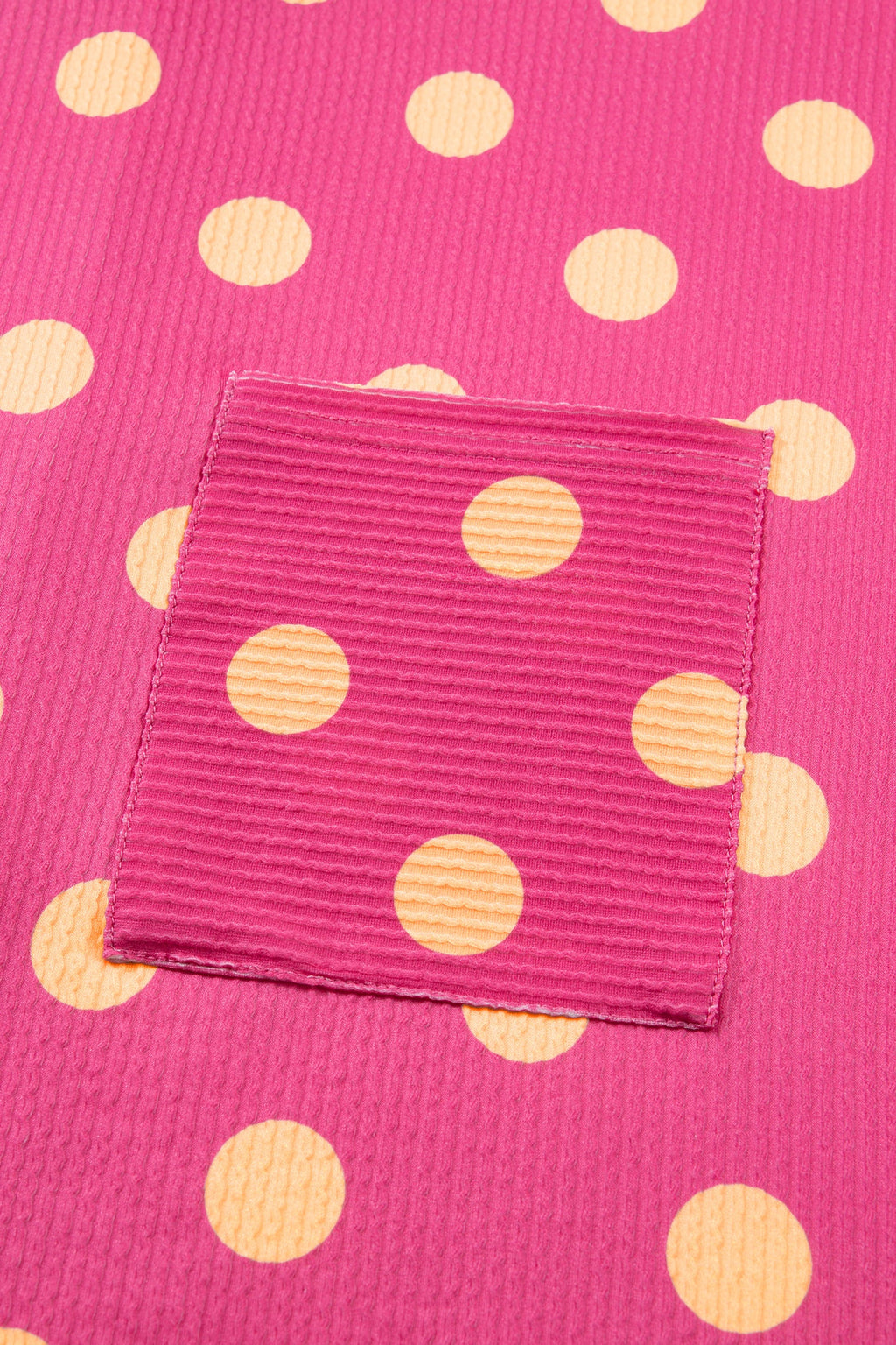 Pink Polka Dot Round Neck Drop Shoulder Patch Pocket Jacquard Texture Top