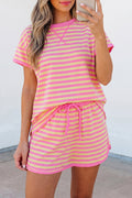 Pink Stripe Loose Short Sleeve Top and Skirt Set