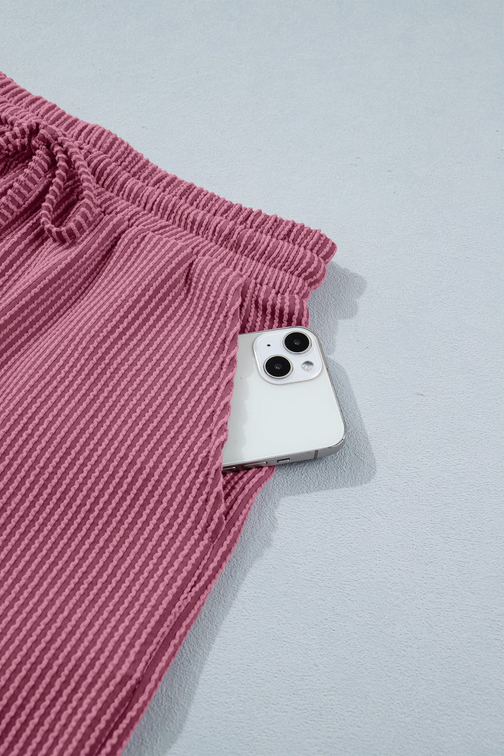 Pitaya Pink Twisted Ribbed Loose Tee Drawstring Elastic Waist 2pcs Short Set