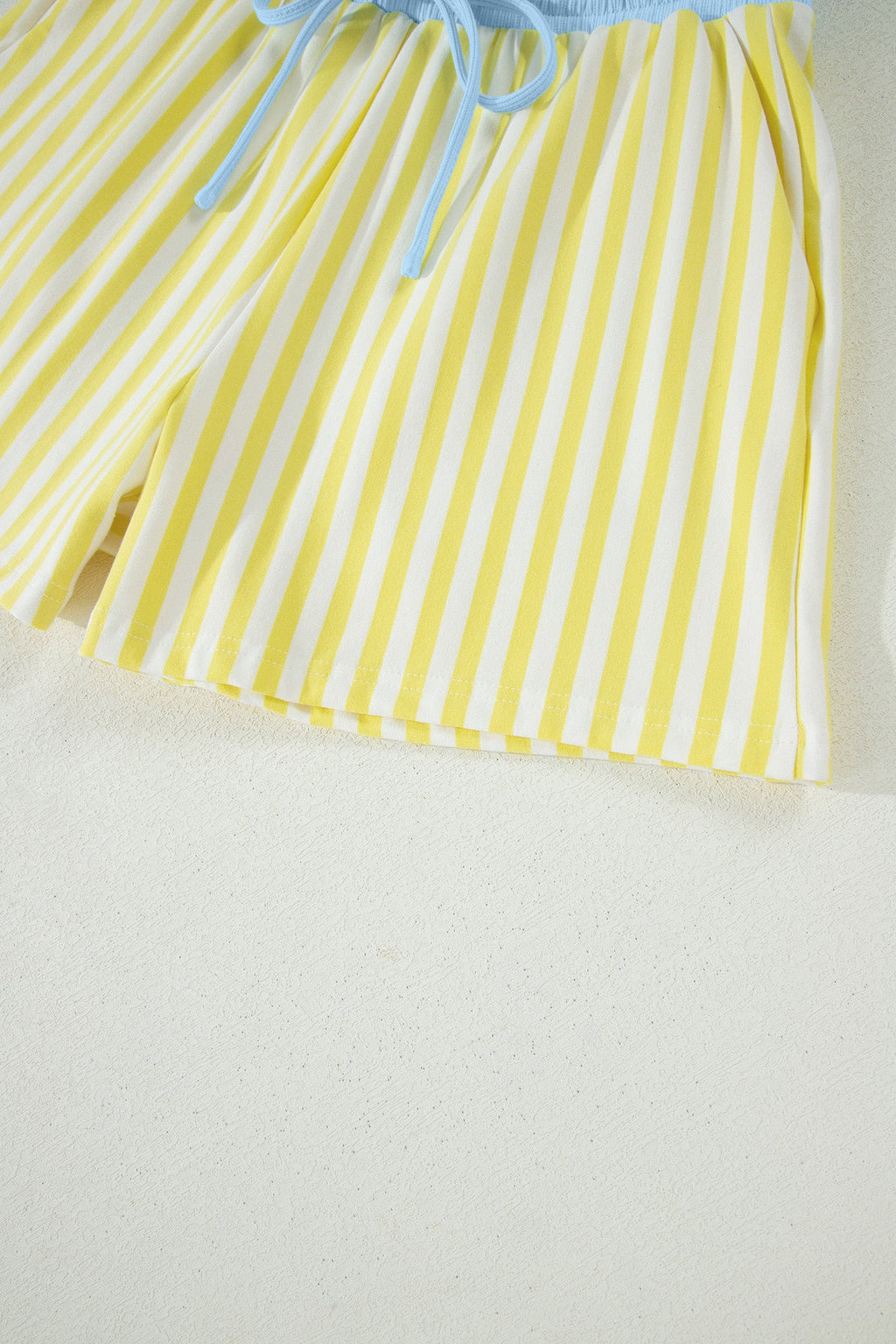 Yellow Stripe Colorblock Trim V Neck Tee Drawstring Elastic Waist Short Set