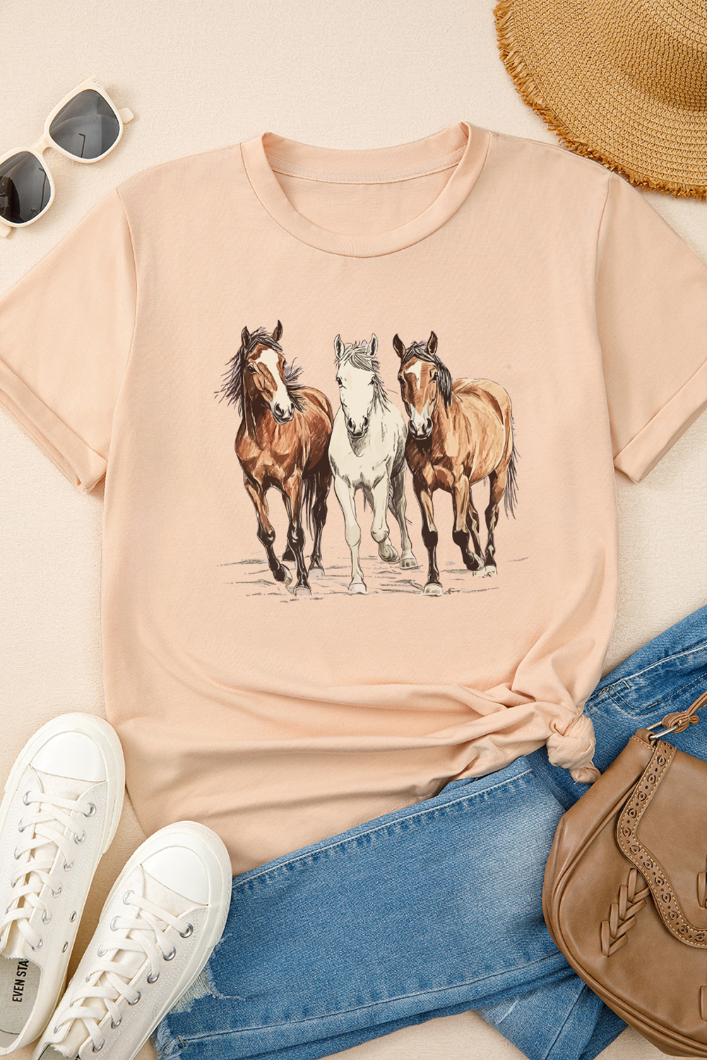 Khaki Gallant Horses Printed Casual T Shirt