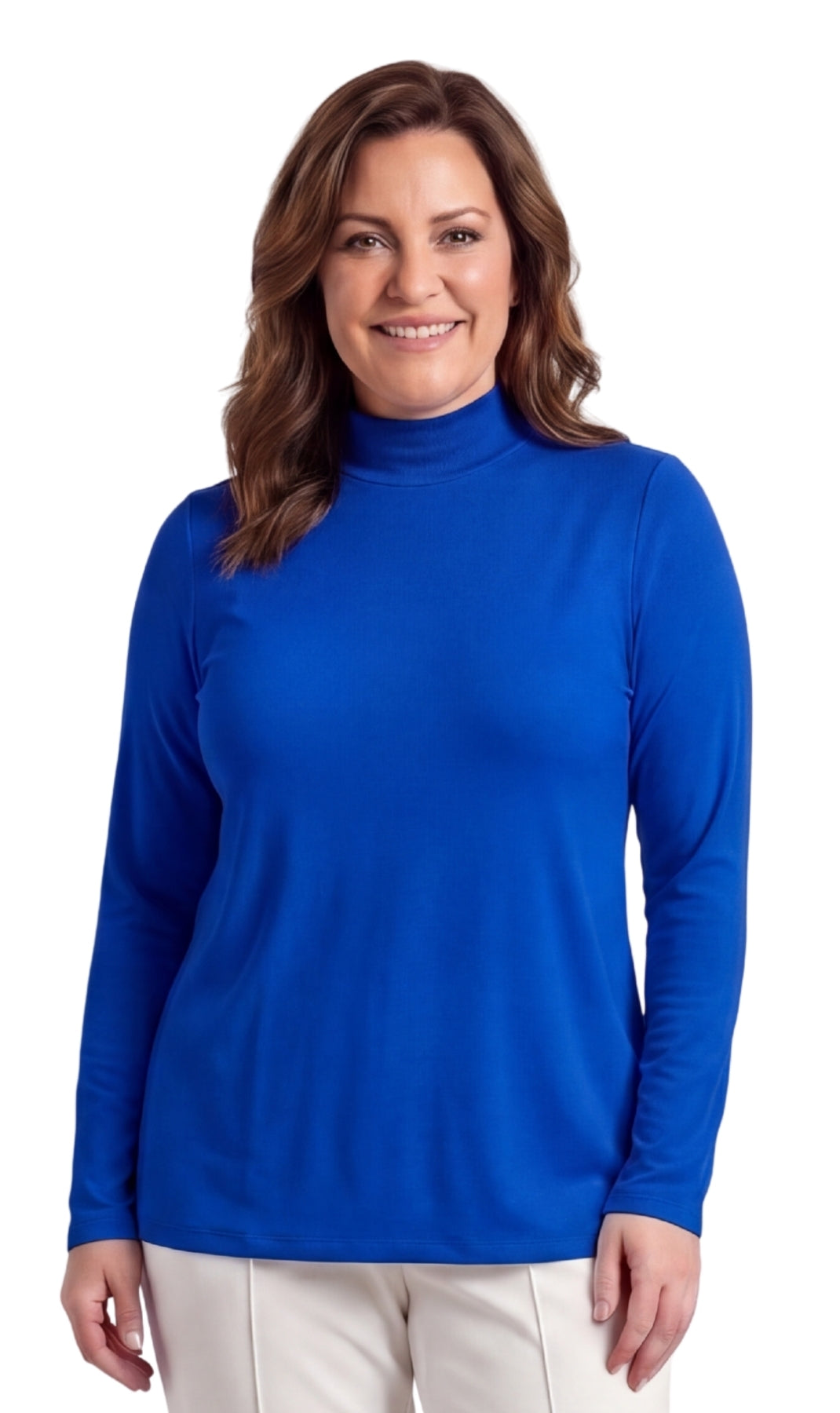 Women's Long Sleeve Mock Neck Top — Lightweight Cotton Blend