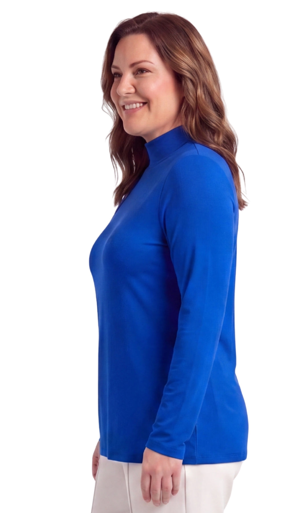 Women's Long Sleeve Mock Neck Top — Lightweight Cotton Blend