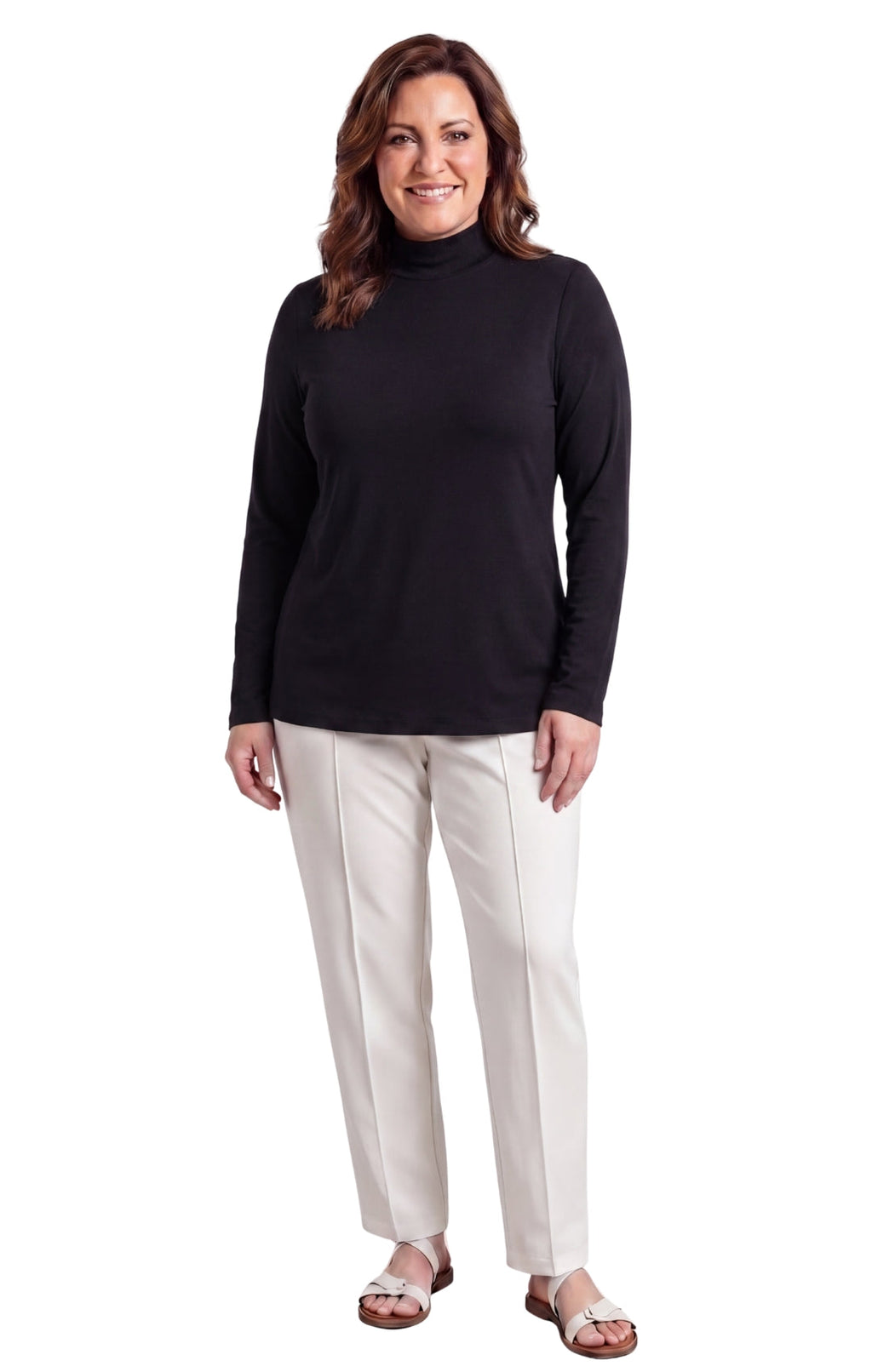 Women's Long Sleeve Mock Neck Top — Lightweight Cotton Blend