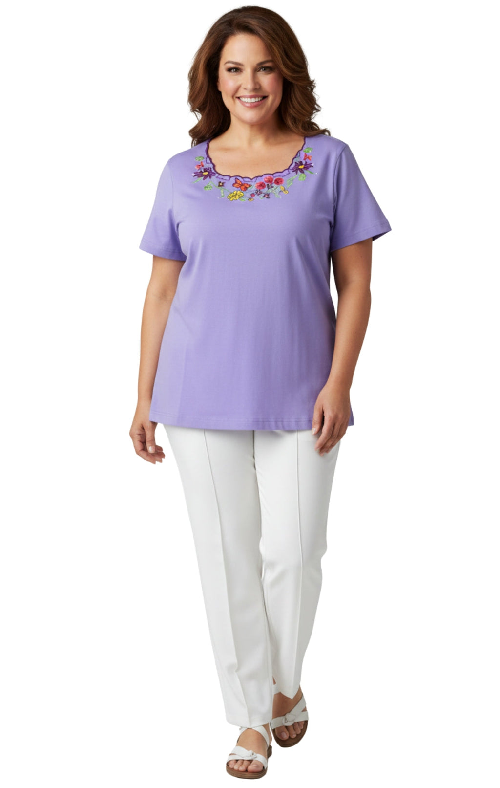 Women's Scalloped Neckline Embellished Short Sleeve Tee