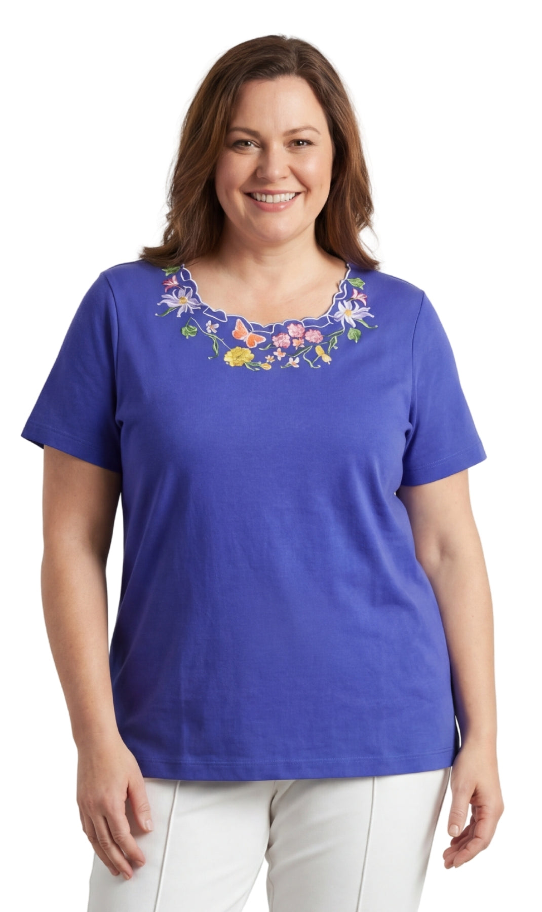 Women's Scalloped Neckline Embellished Short Sleeve Tee