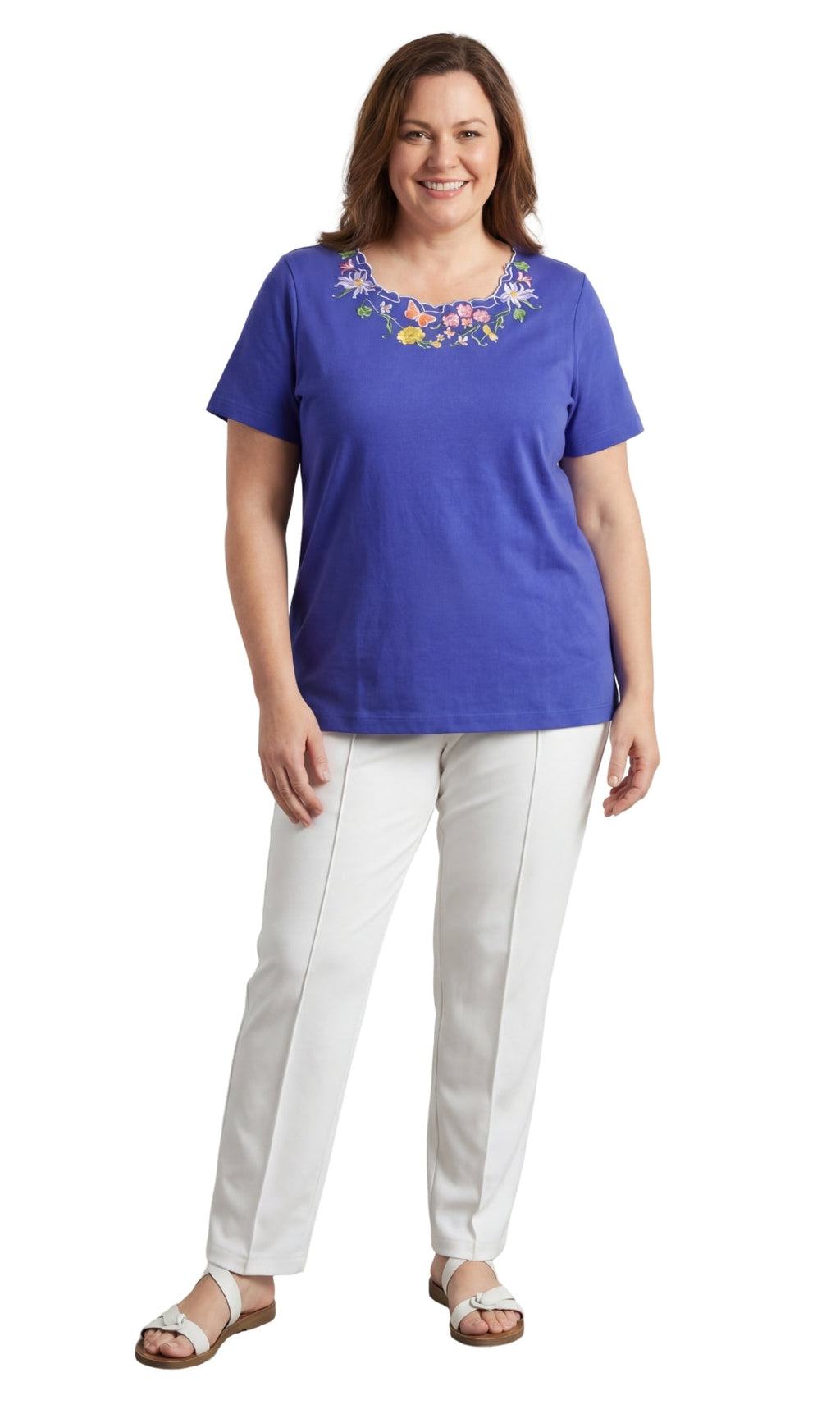 Women's Scalloped Neckline Embellished Short Sleeve Tee