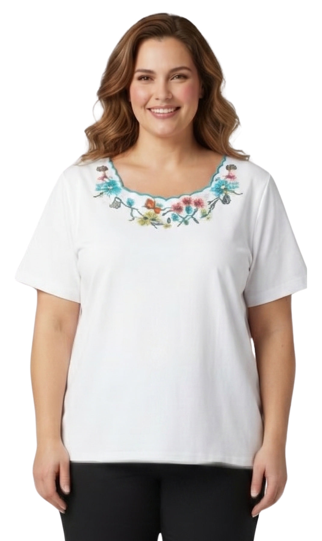 Women's Scalloped Neckline Embellished Short Sleeve Tee