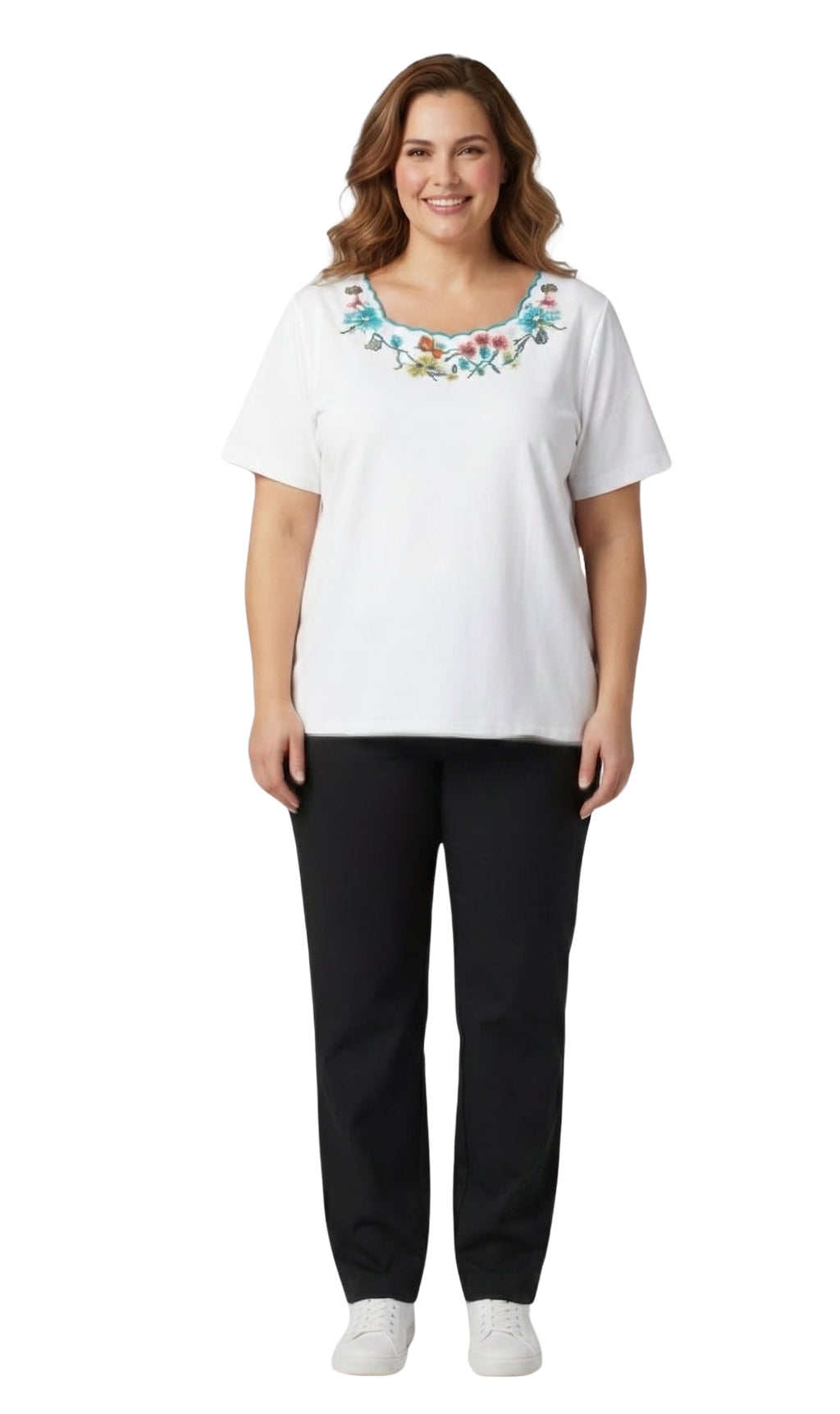 Women's Scalloped Neckline Embellished Short Sleeve Tee
