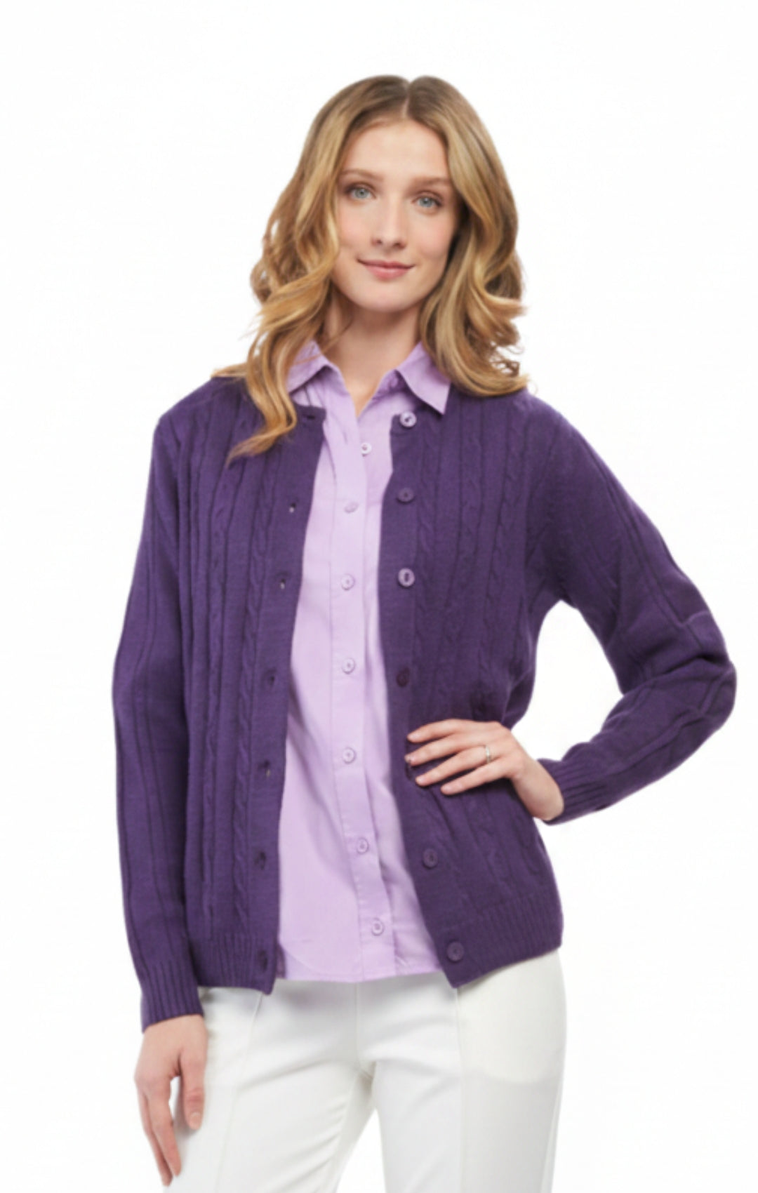 Women's Classic Button Front Cable Knit Cardigan — Soft Acrylic