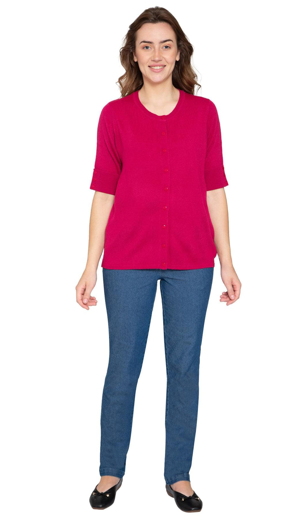 Women's Button Front Cardigan with Elbow Cuff Detail — Soft Knit