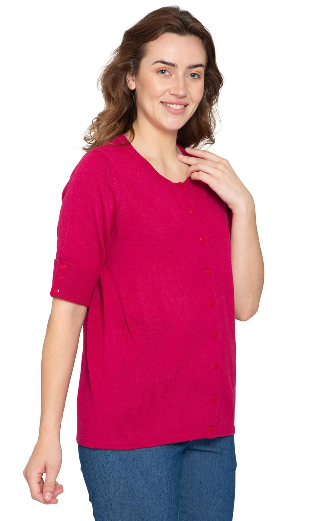 Women's Button Front Cardigan with Elbow Cuff Detail — Soft Knit