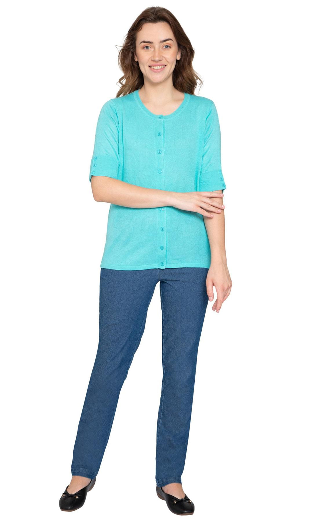 Women's Button Front Cardigan with Elbow Cuff Detail — Soft Knit