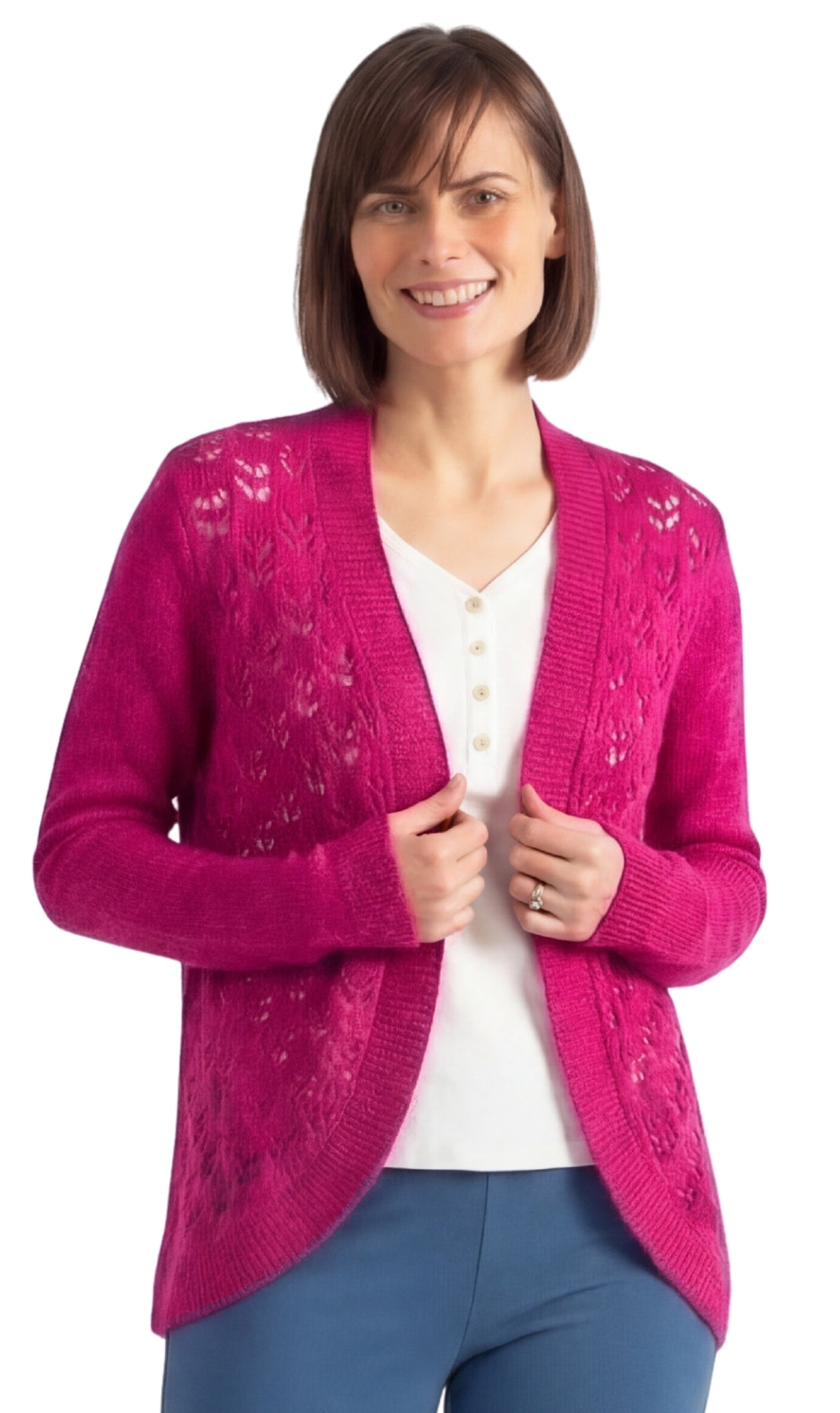 Women's Open Front Pointelle Shrug — Curved Hem Soft Acrylic