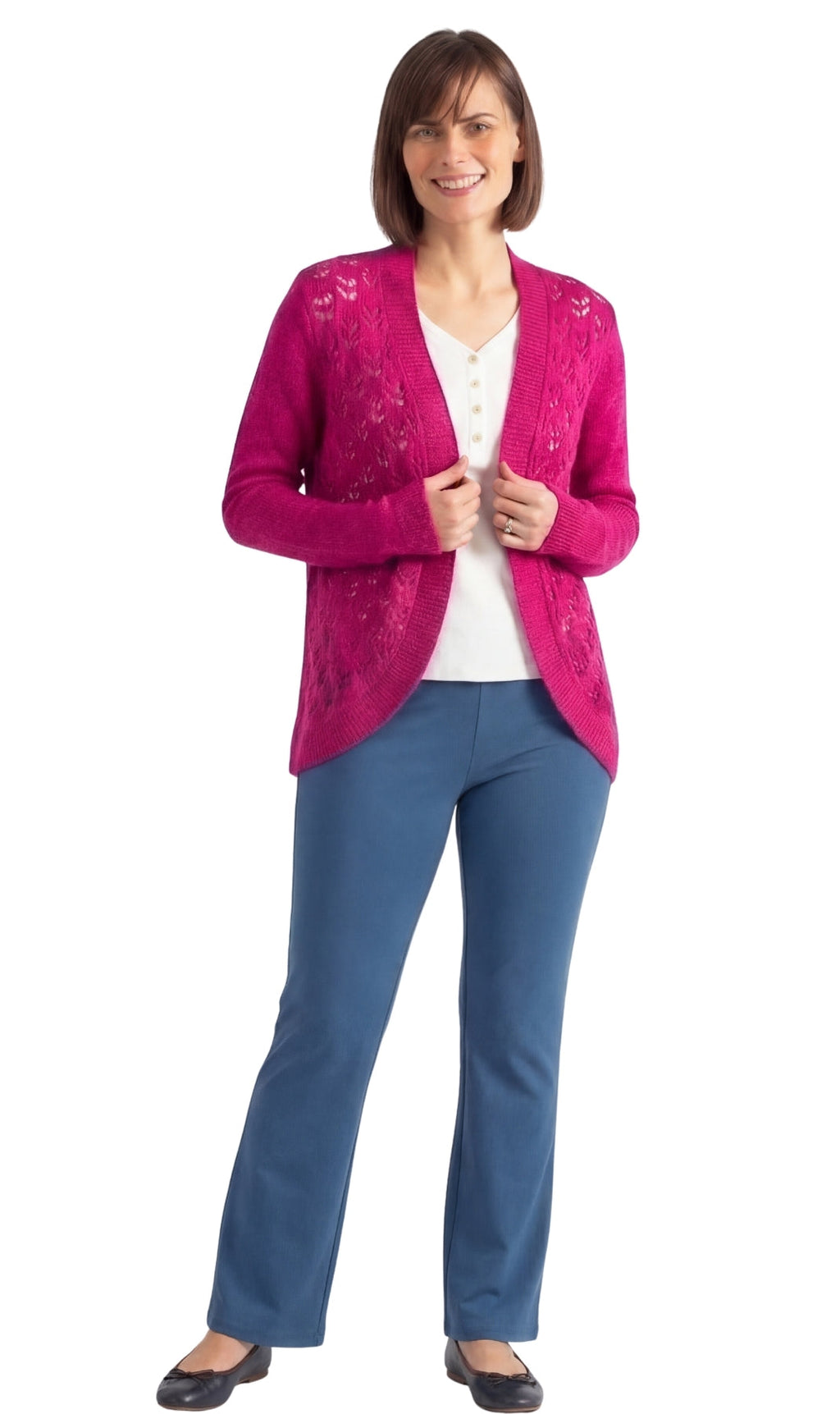 Women's Open Front Pointelle Shrug — Curved Hem Soft Acrylic