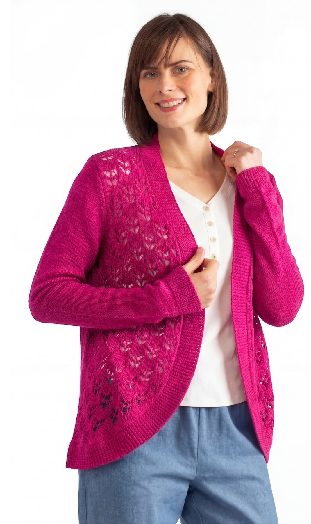 Women's Open Front Pointelle Shrug — Curved Hem Soft Acrylic