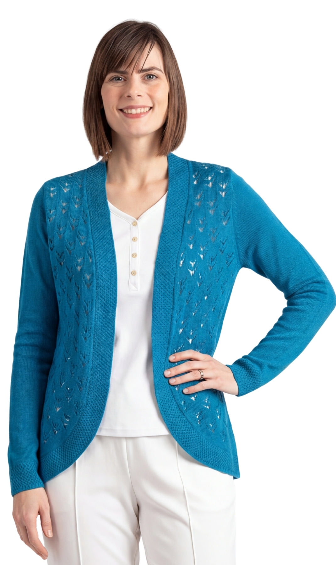 Women's Open Front Pointelle Shrug — Curved Hem Soft Acrylic