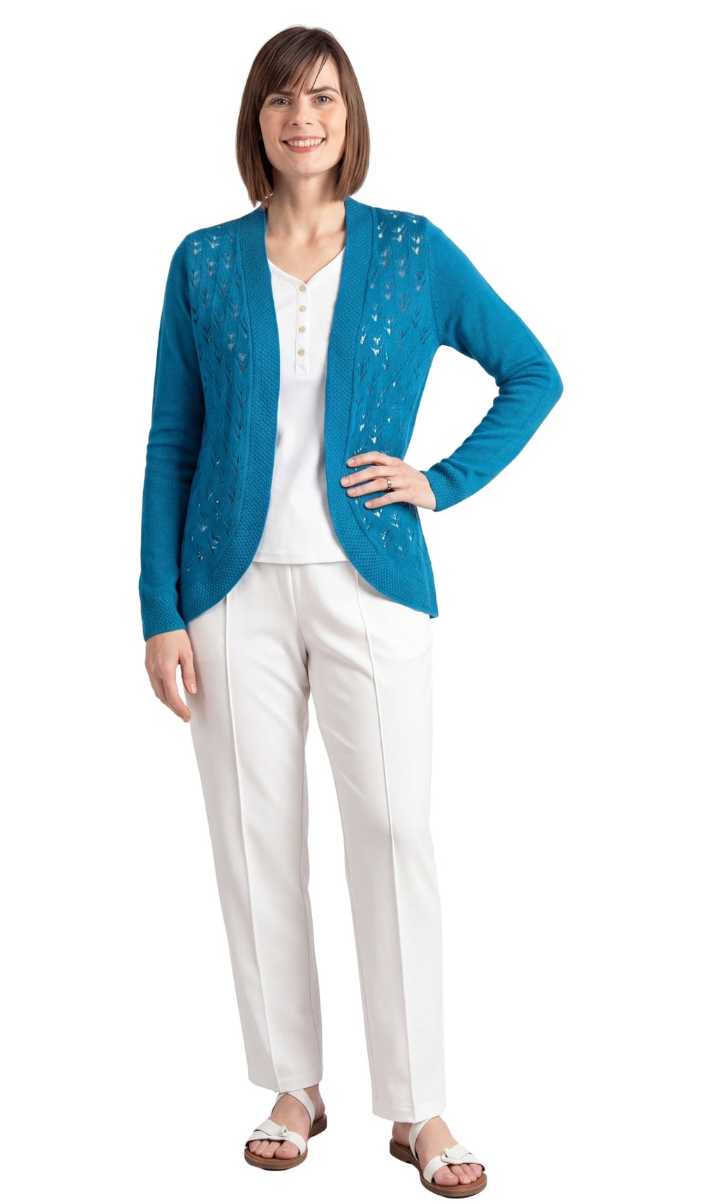 Women's Open Front Pointelle Shrug — Curved Hem Soft Acrylic