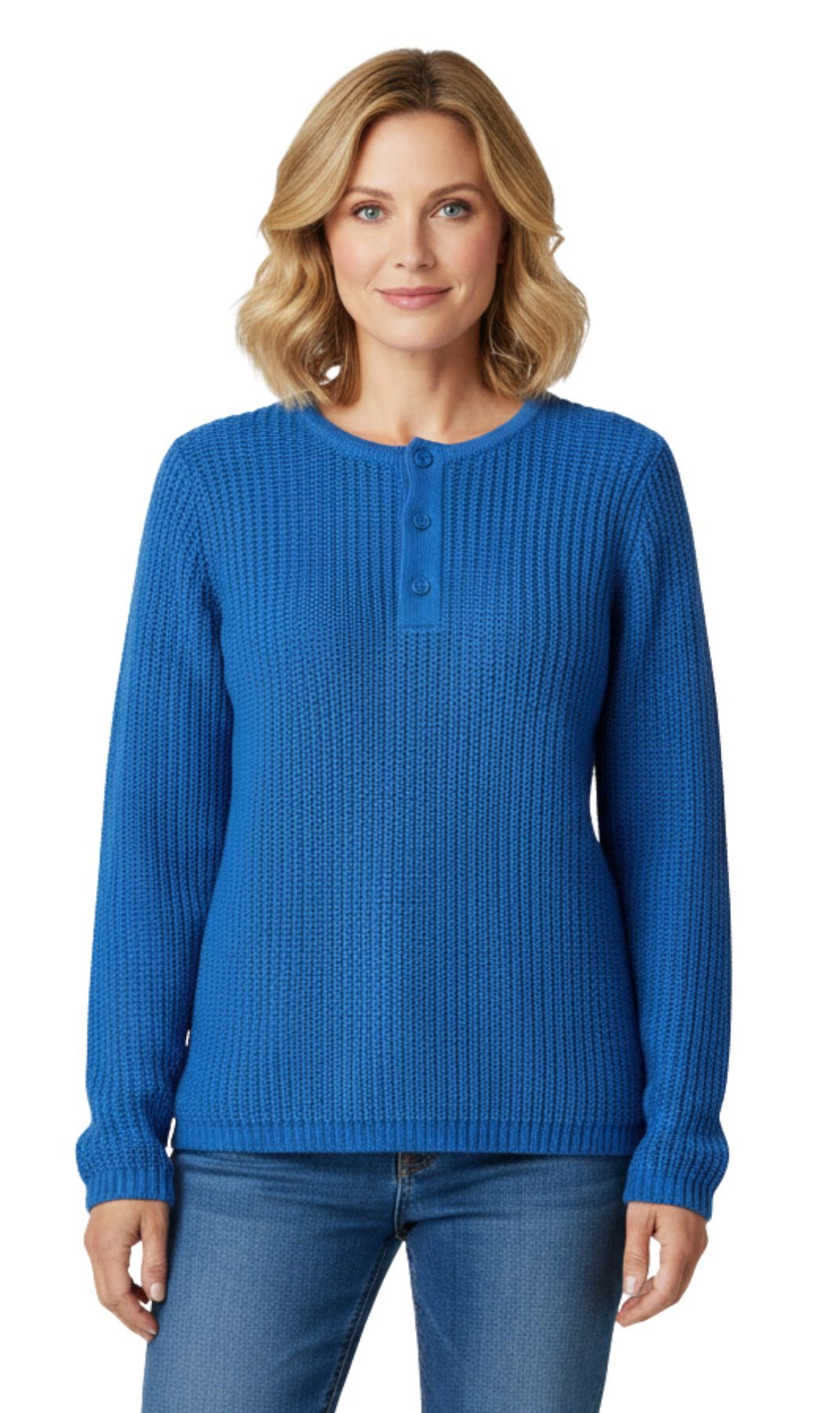Women's Long Sleeve Henley Shaker Knit Sweater — 3-Button Placket