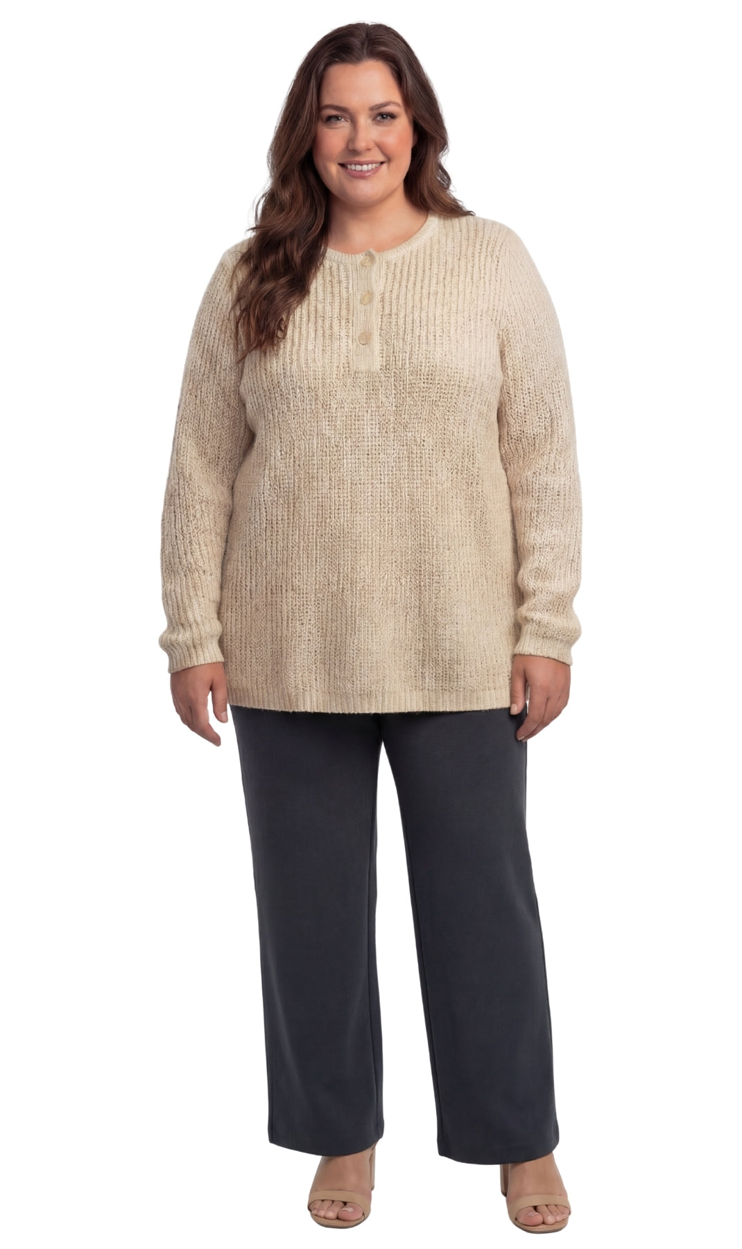 Women's Long Sleeve Henley Shaker Knit Sweater — 3-Button Placket