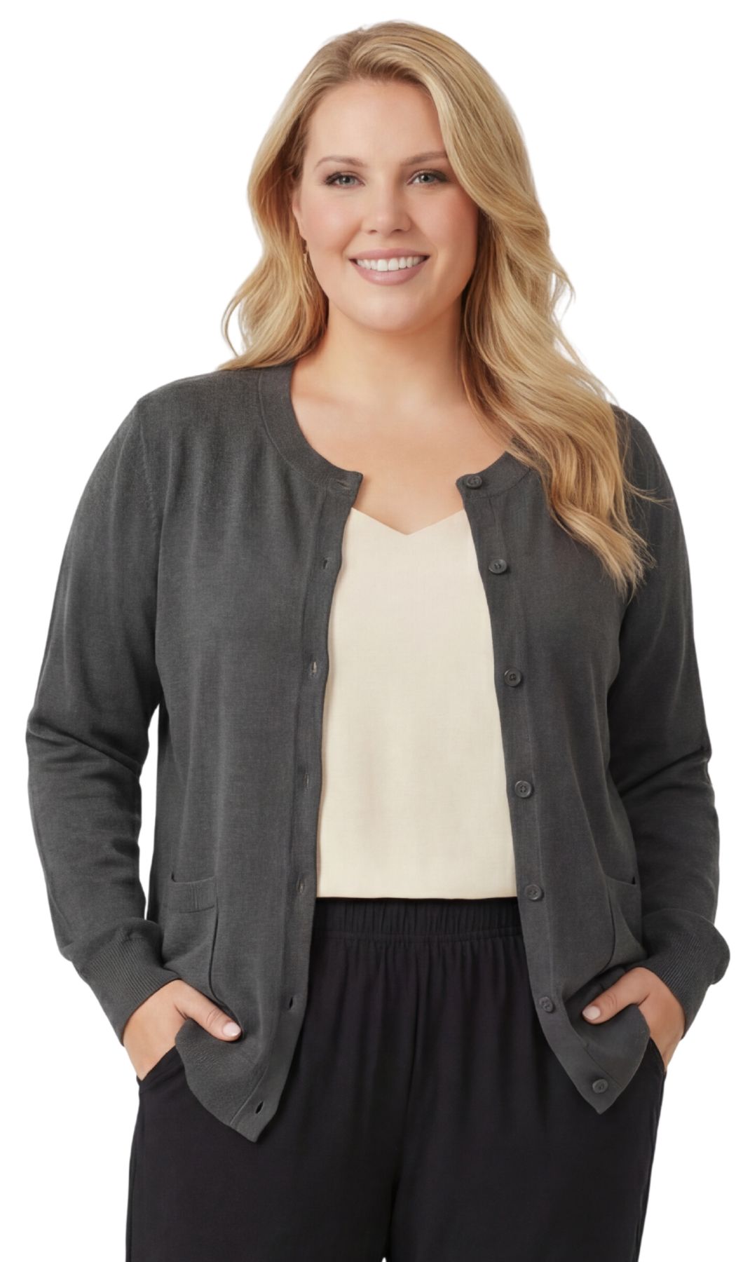 Women's Button Front Cardigan Crewneck Sweater with Pockets — Cotton Soft