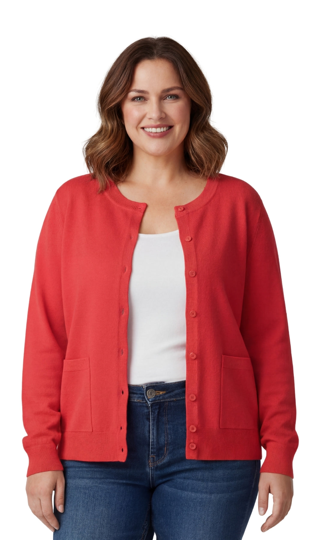 Women's Button Front Cardigan Crewneck Sweater with Pockets — Cotton Soft