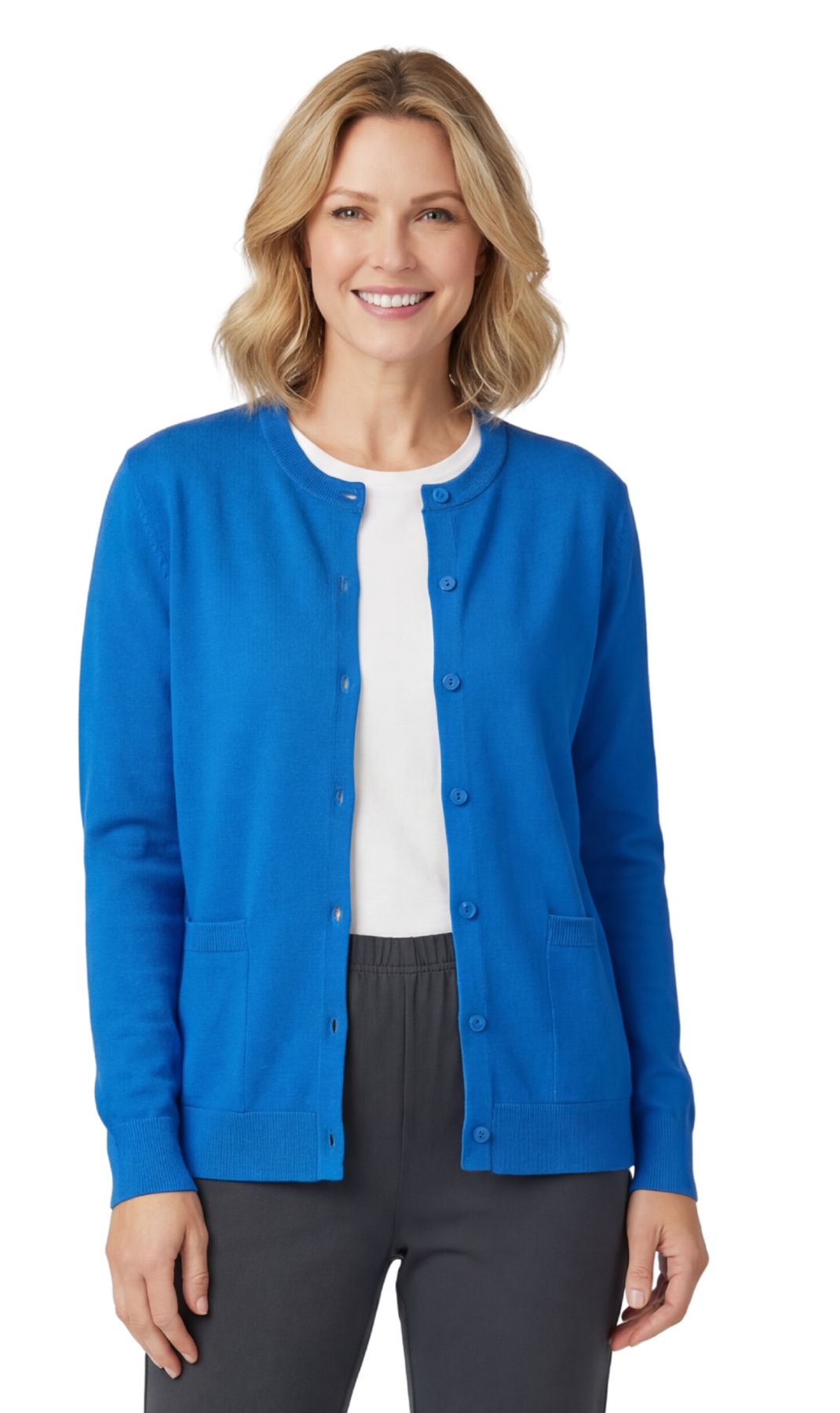 Women's Button Front Cardigan Crewneck Sweater with Pockets — Cotton Soft