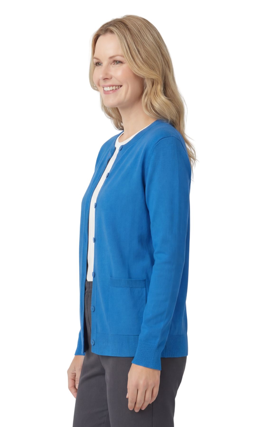 Women's Button Front Cardigan Crewneck Sweater with Pockets — Cotton Soft