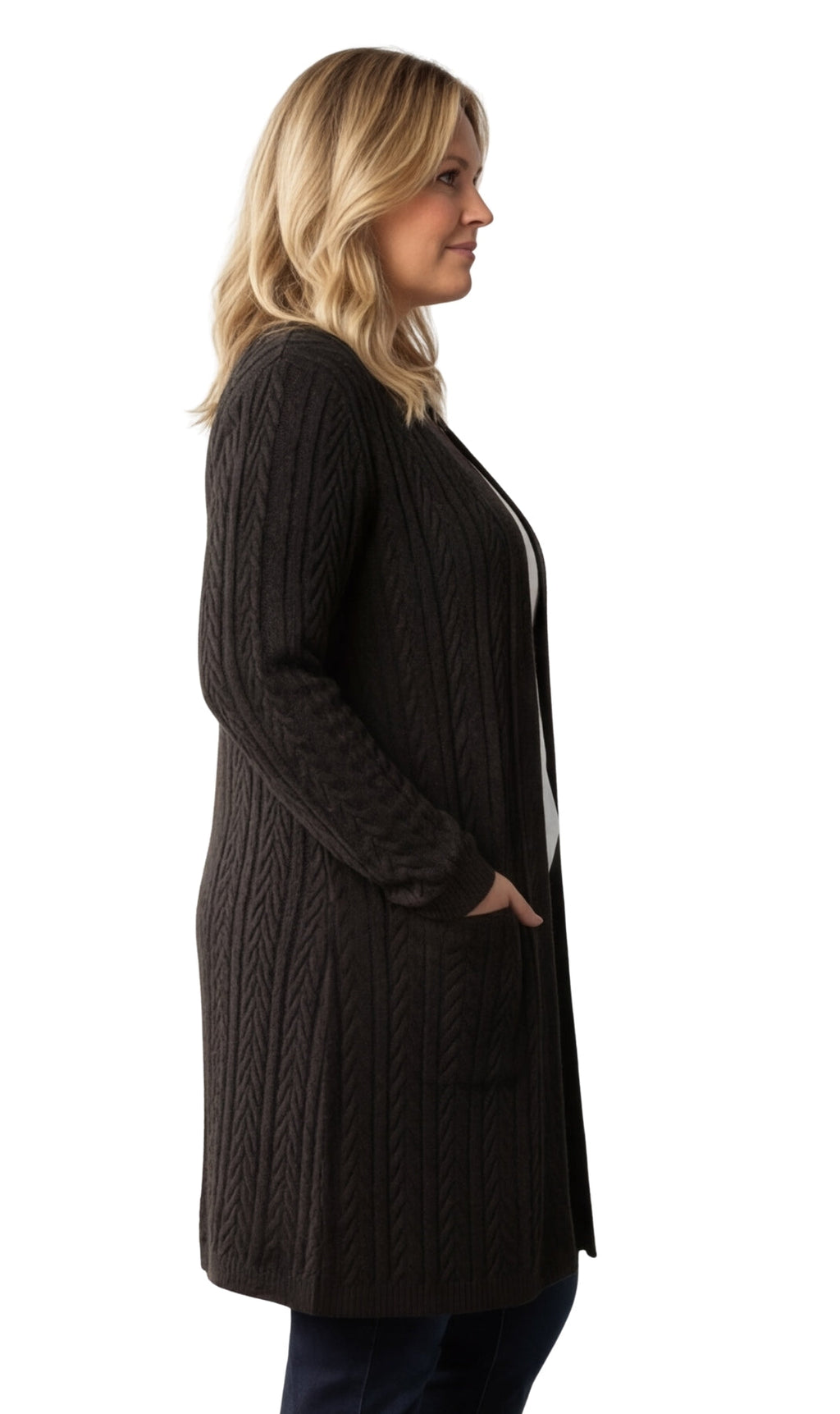Women's Cable Knit Duster Cardigan with Pockets — Open Front Longline