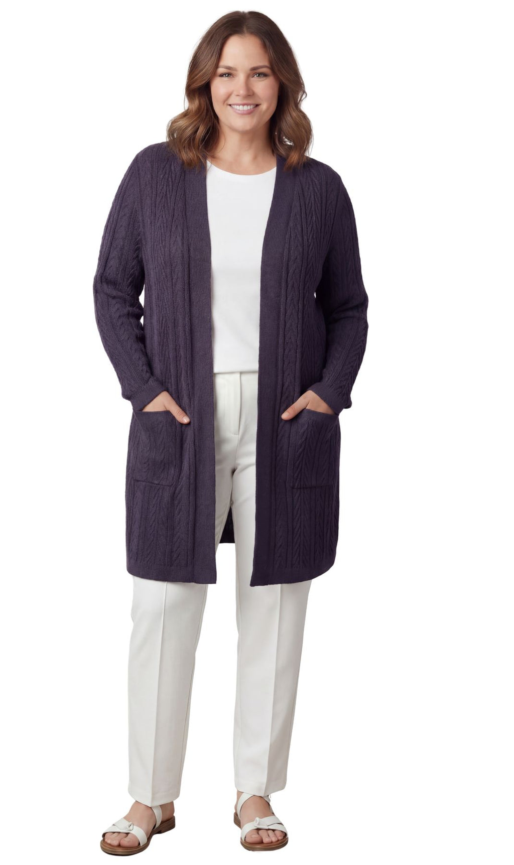 Women's Cable Knit Duster Cardigan with Pockets — Open Front Longline