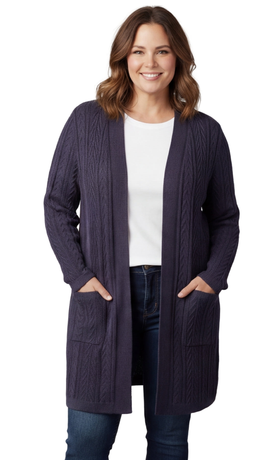 Women's Cable Knit Duster Cardigan with Pockets — Open Front Longline