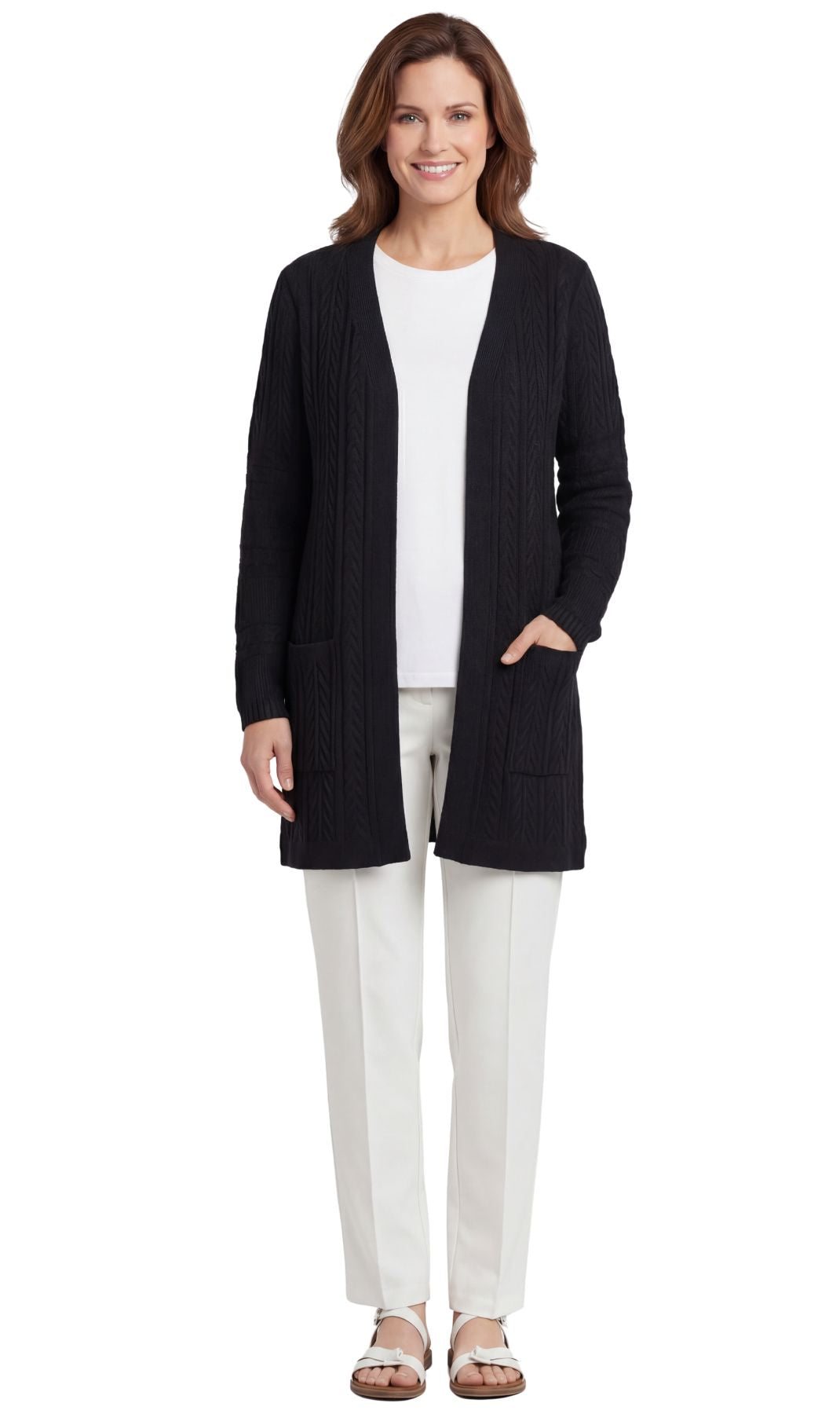 Women's Cable Knit Duster Cardigan with Pockets — Open Front Longline
