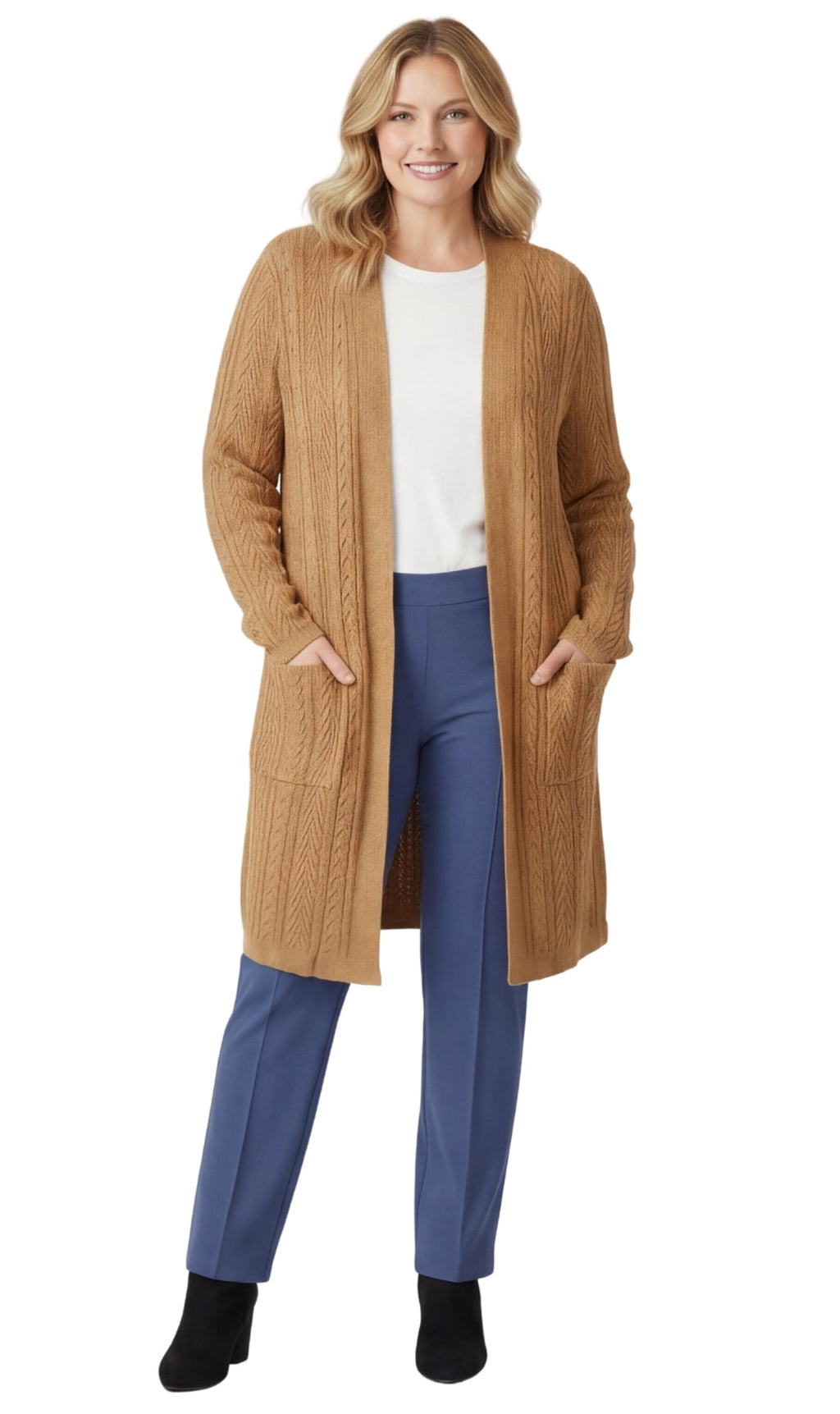 Women's Cable Knit Duster Cardigan with Pockets — Open Front Longline