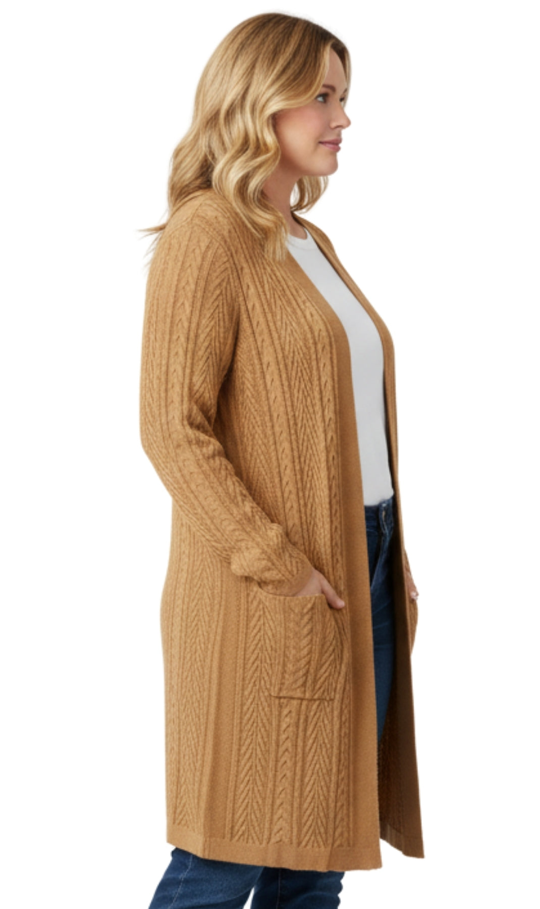 Women's Cable Knit Duster Cardigan with Pockets — Open Front Longline