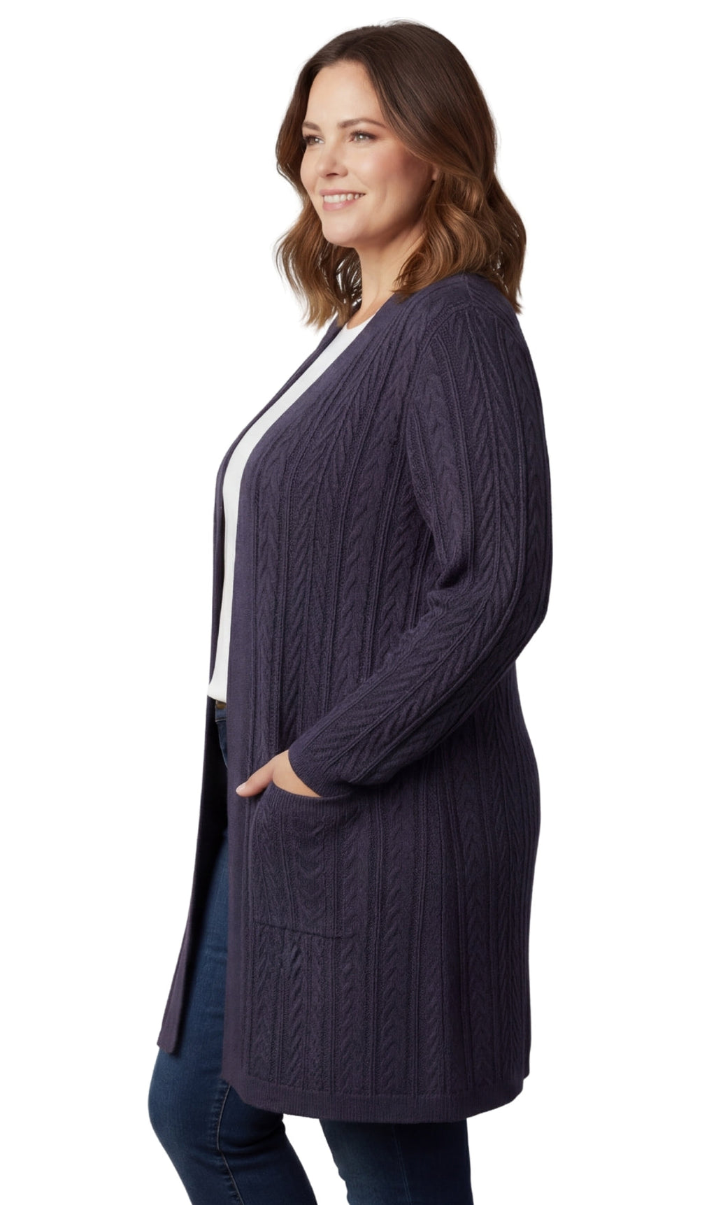 Women's Cable Knit Duster Cardigan with Pockets — Open Front Longline