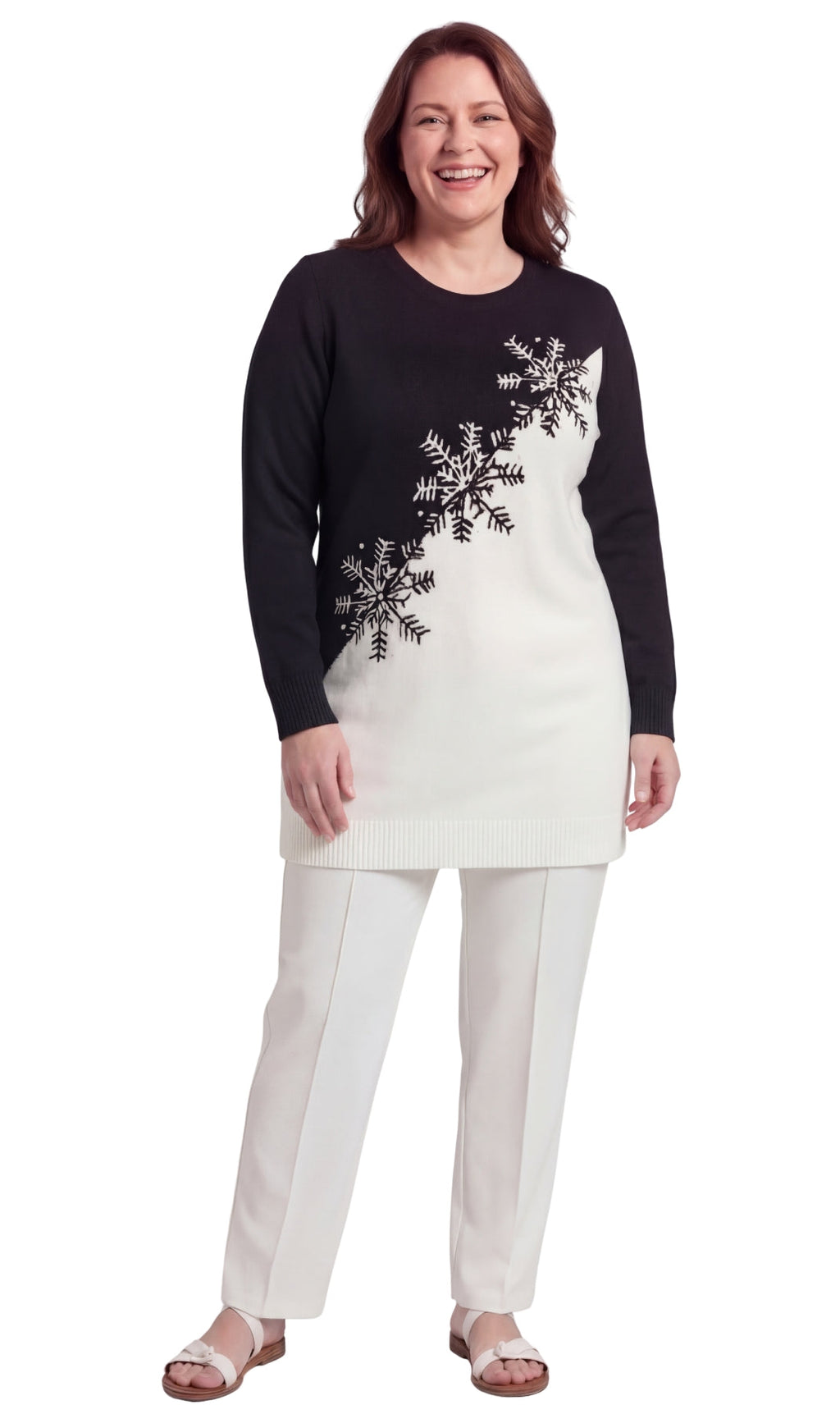 Women's Snowflake Color Block Holiday Crewneck Sweater — 100% Acrylic
