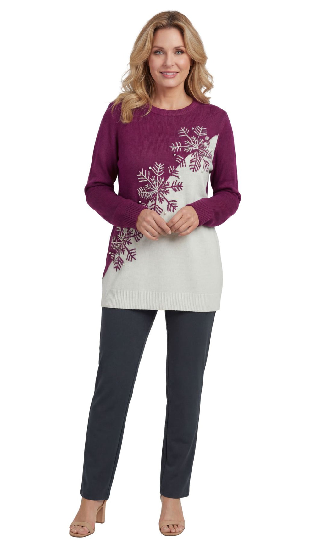 Women's Snowflake Color Block Holiday Crewneck Sweater — 100% Acrylic