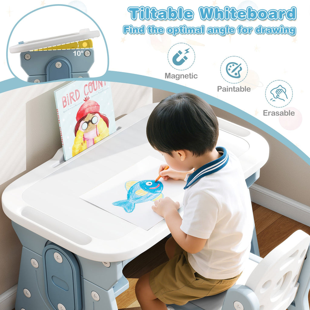 Height Adjustable Kids Table and Chair Set with Tiltable Whiteboard and Concave Shelf