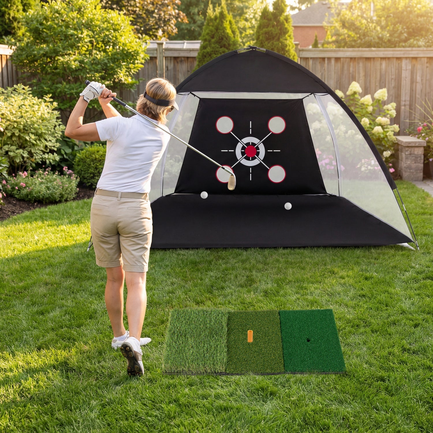 Golf Practice Net 10.3x6.5ft with Foldable Tri-Turf Mat