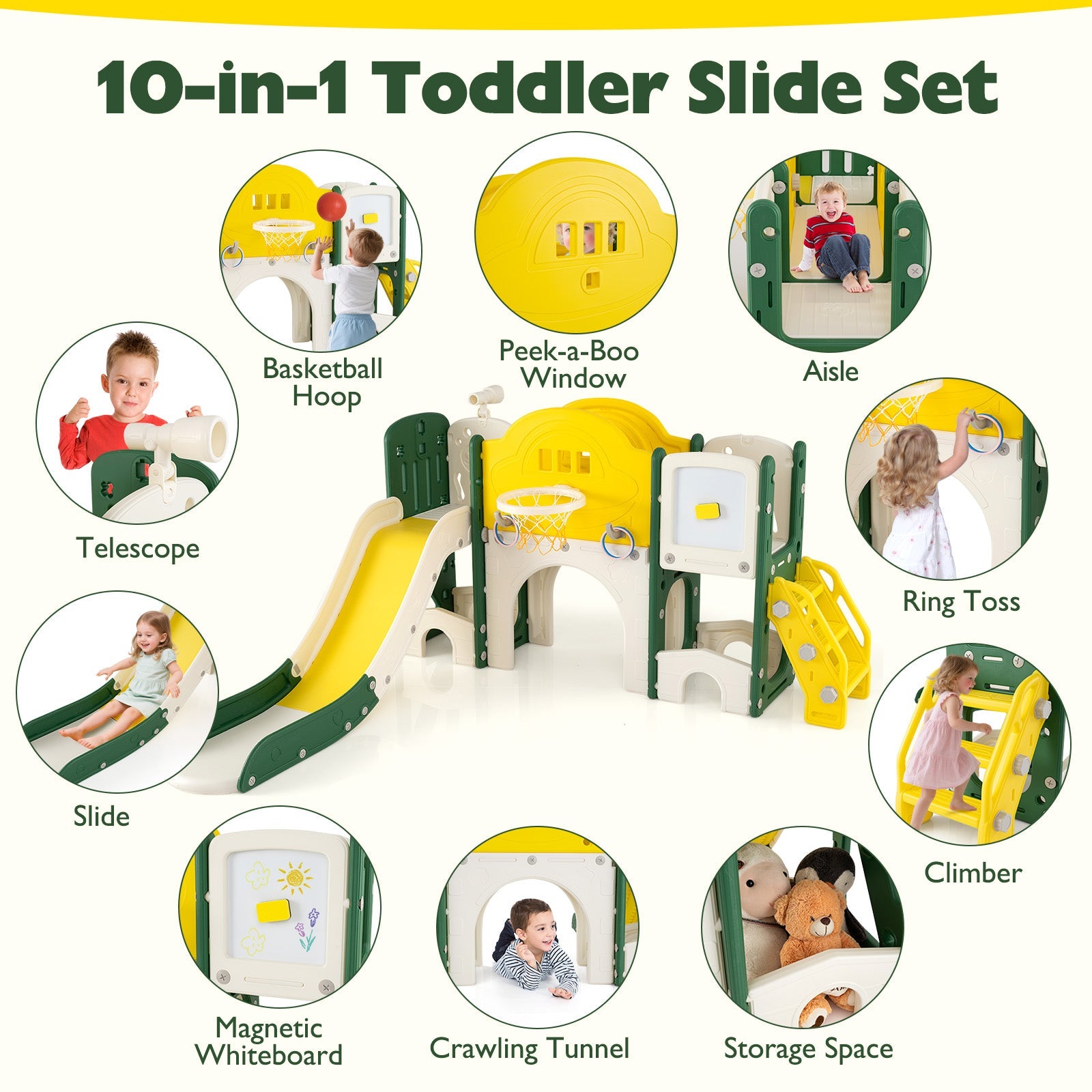 10 in 1 Toddler Slide Set Kids Slide and Climber Playset Indoor Playground
