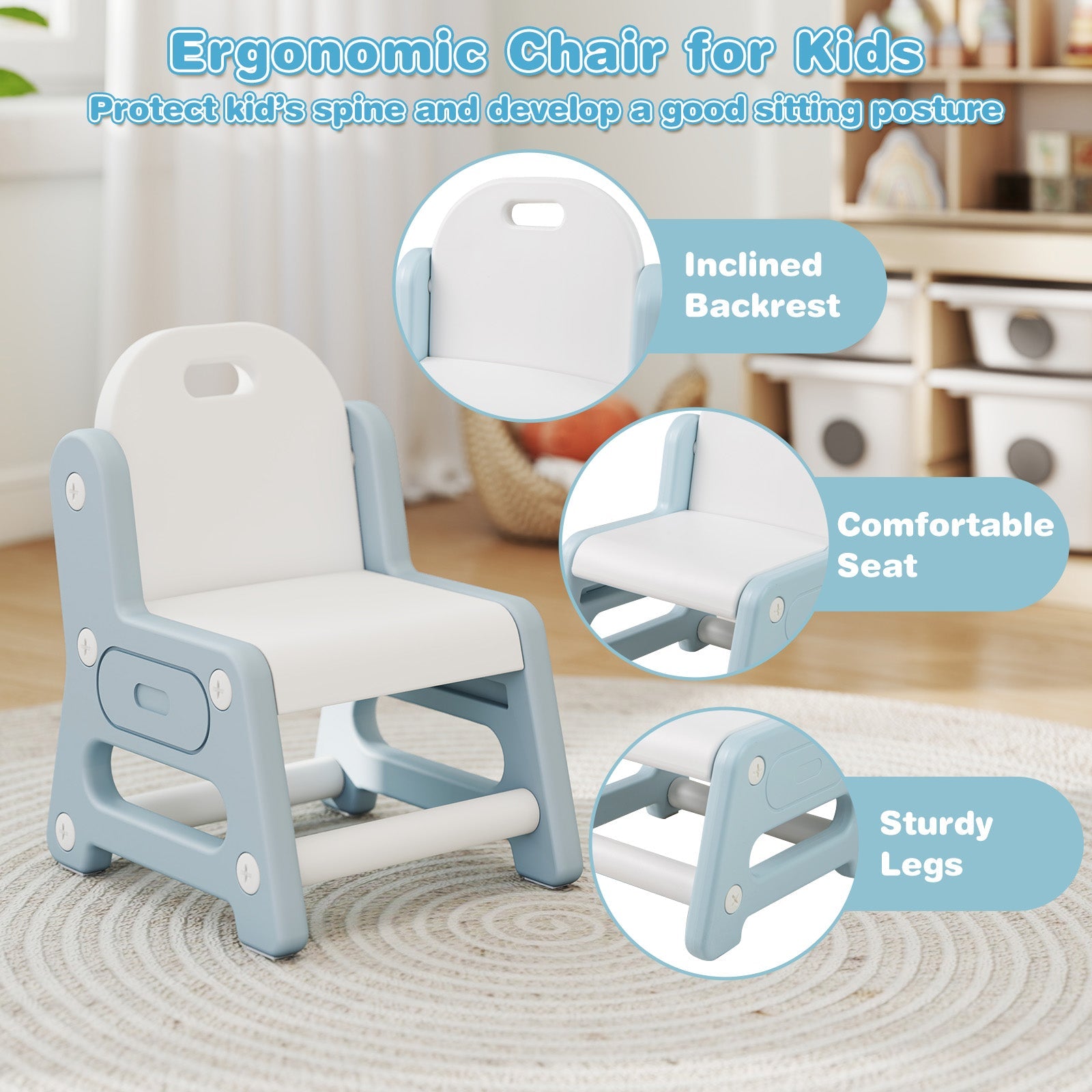 Height Adjustable Kids Table and Chair Set with Tiltable Whiteboard and Concave Shelf