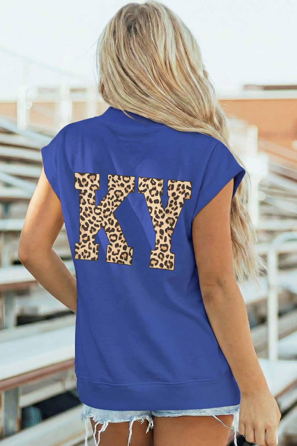 Sky Blue KENTUCKY Leopard KY Double Side Printed Mock Neck Tee