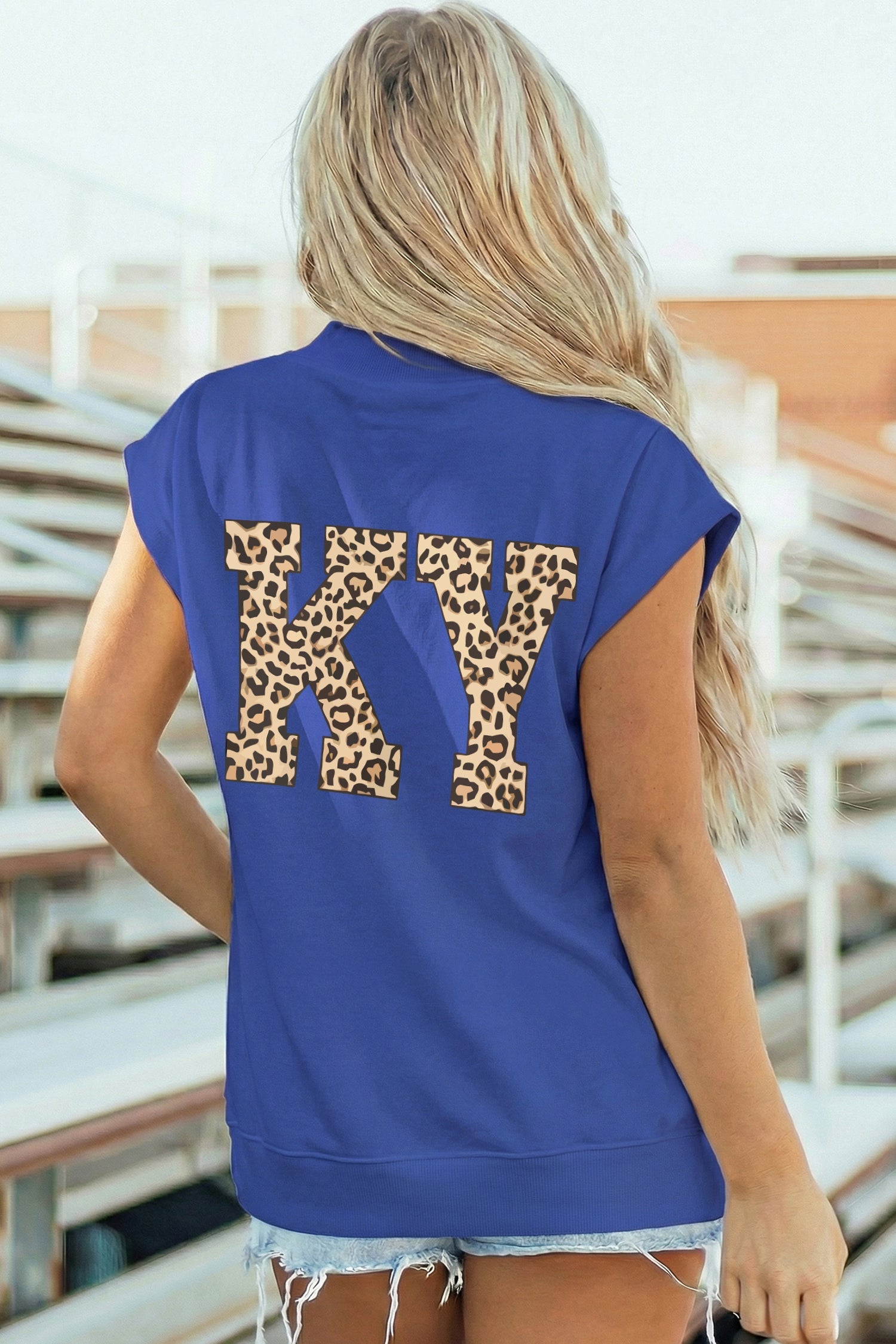 Sky Blue KENTUCKY Leopard KY Double Side Printed Mock Neck Tee