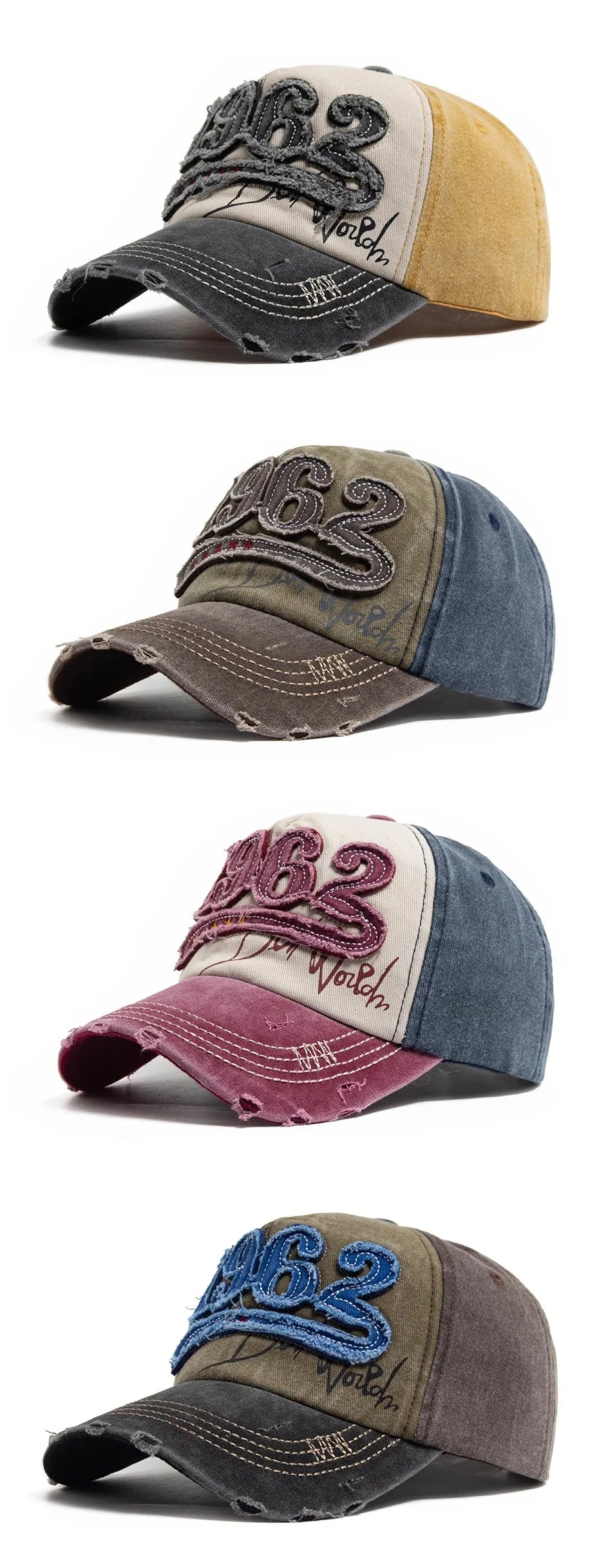 1962 Embroidery Vintage Washed Cotton Baseball Cap | Unisex Adjustable Snapback Hat