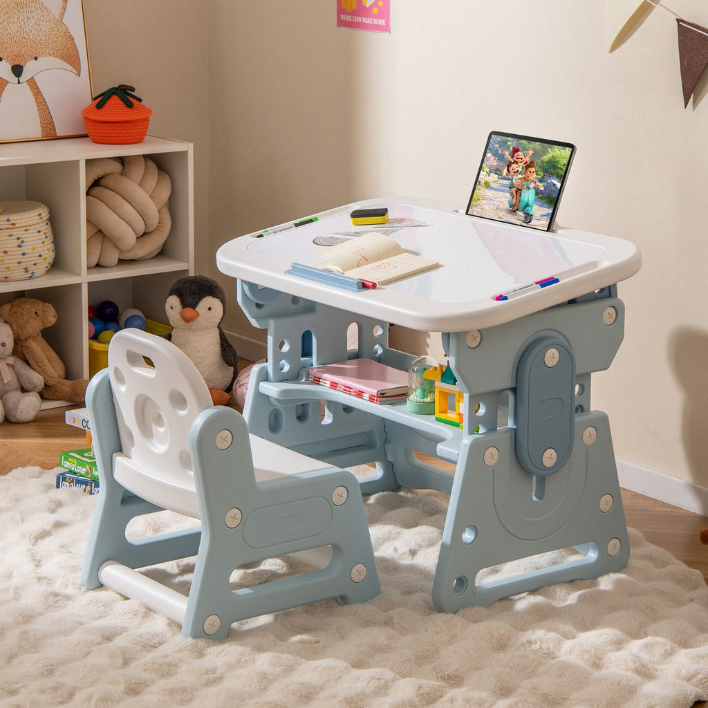 Height Adjustable Kids Table and Chair Set with Tiltable Whiteboard and Concave Shelf