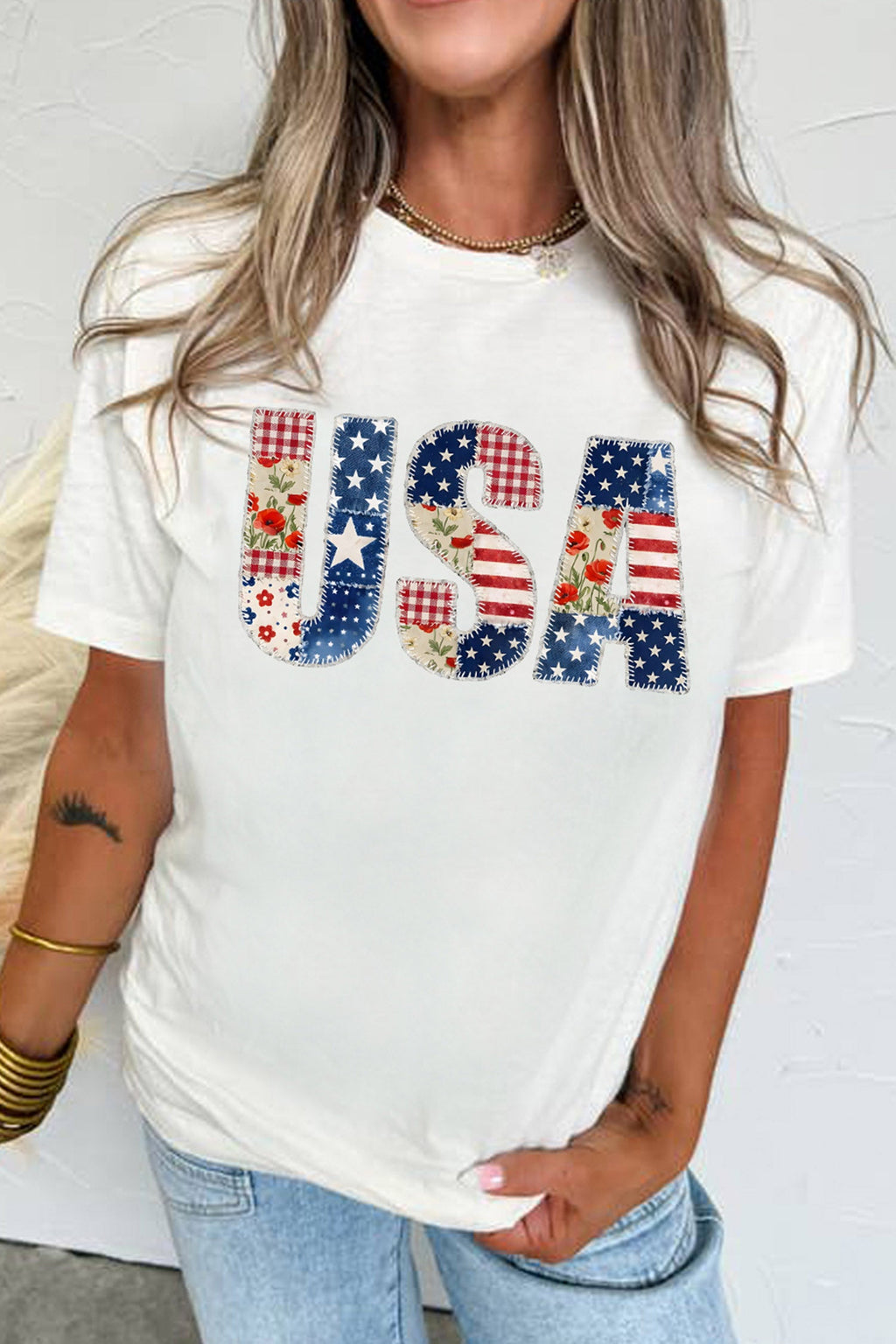 White USA Faux Patchwork Graphic Tee