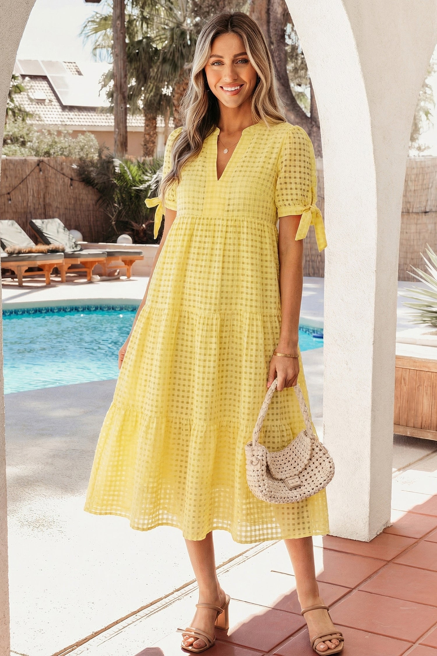 Yellow Gingham Textured Bow Tie Short Sleeve Tiered Midi Dress