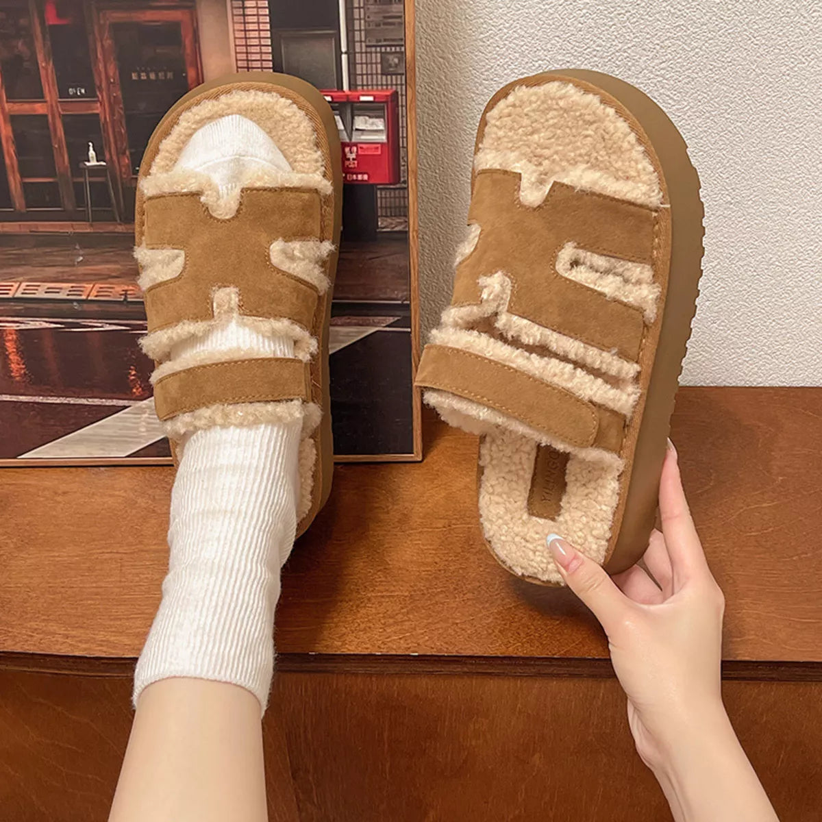 Fluffy Platform Velcro Slippers
