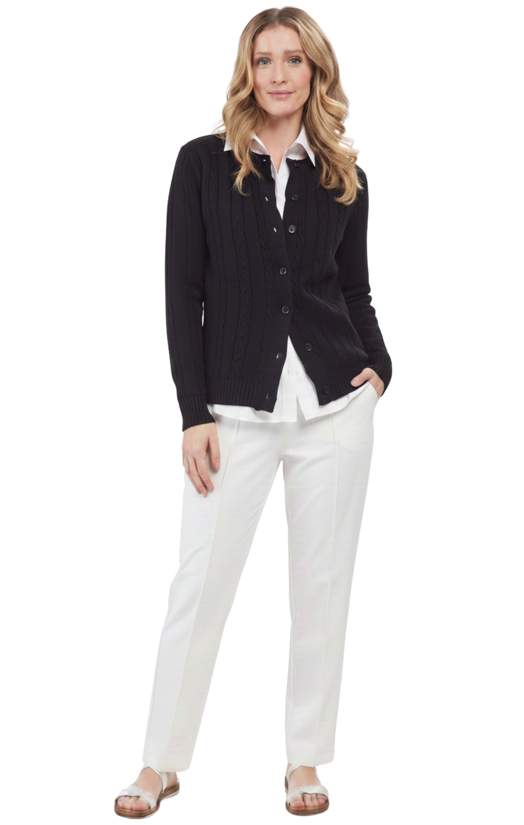 Women's Classic Button Front Cable Knit Cardigan — Soft Acrylic