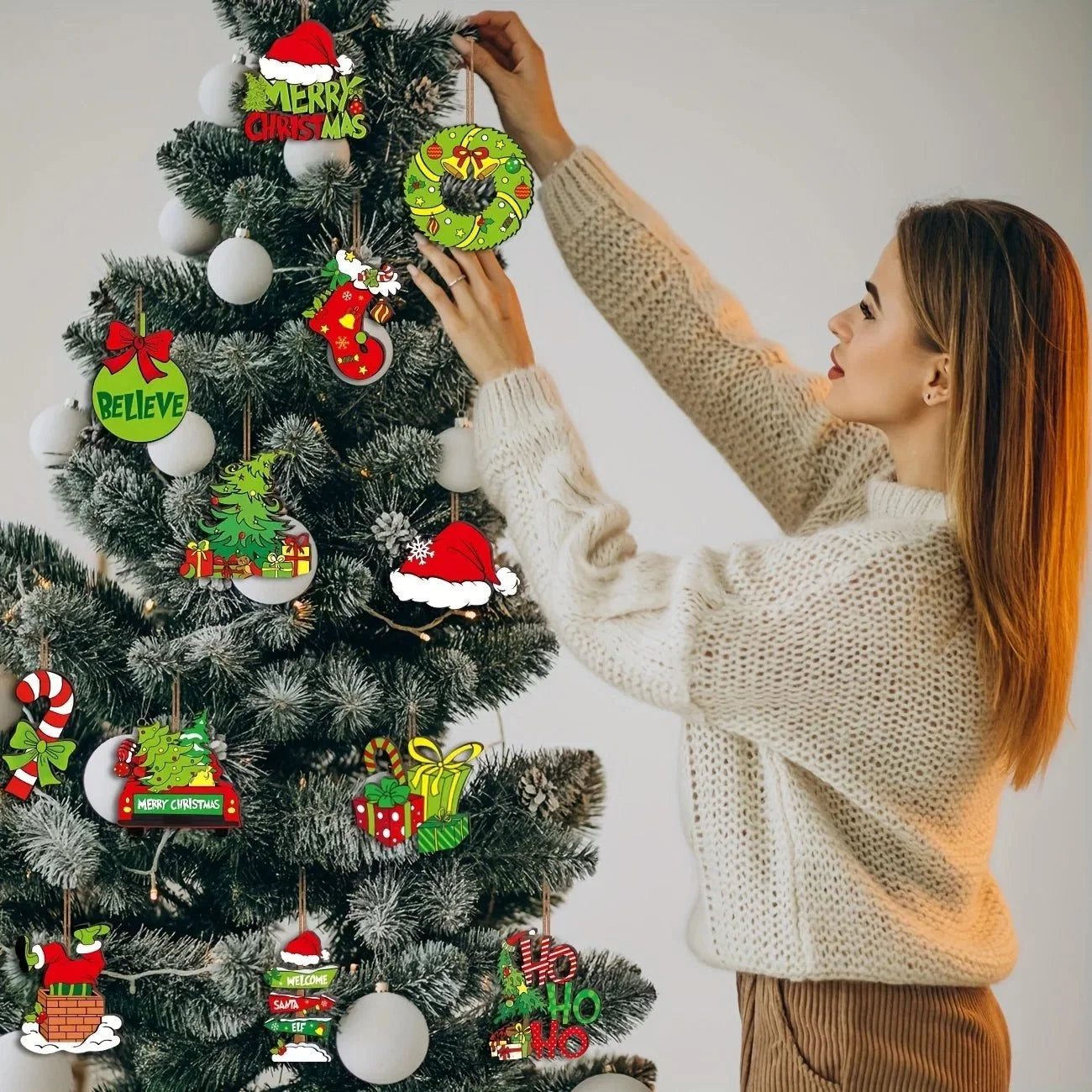 24-Piece Christmas Ornaments Set | Lime Green and Red Hanging Decorations